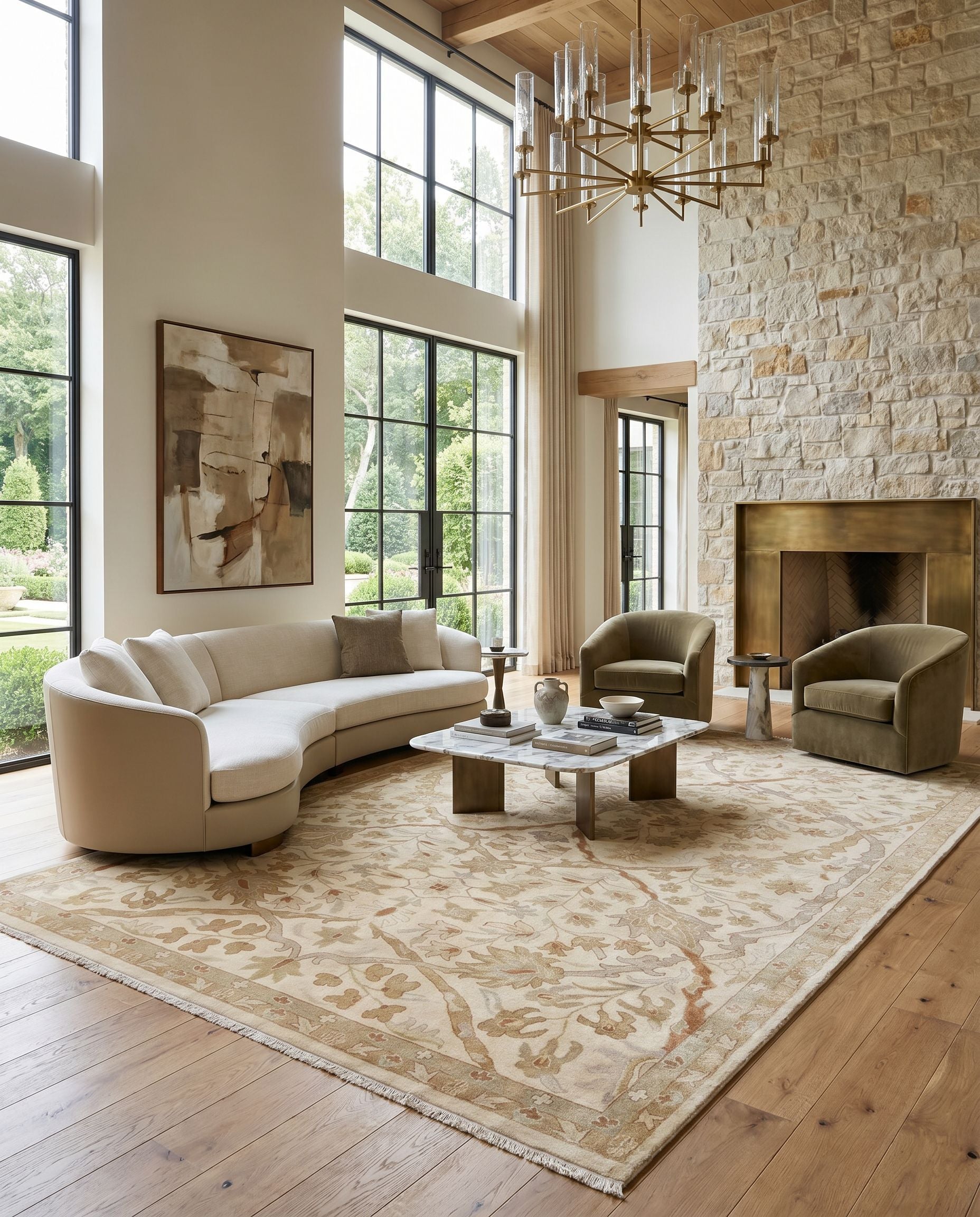 Adana IT-9006 Hand Knotted Rug styled in an elegant designer living room — hand knotted traditional area rug in multicolor tones