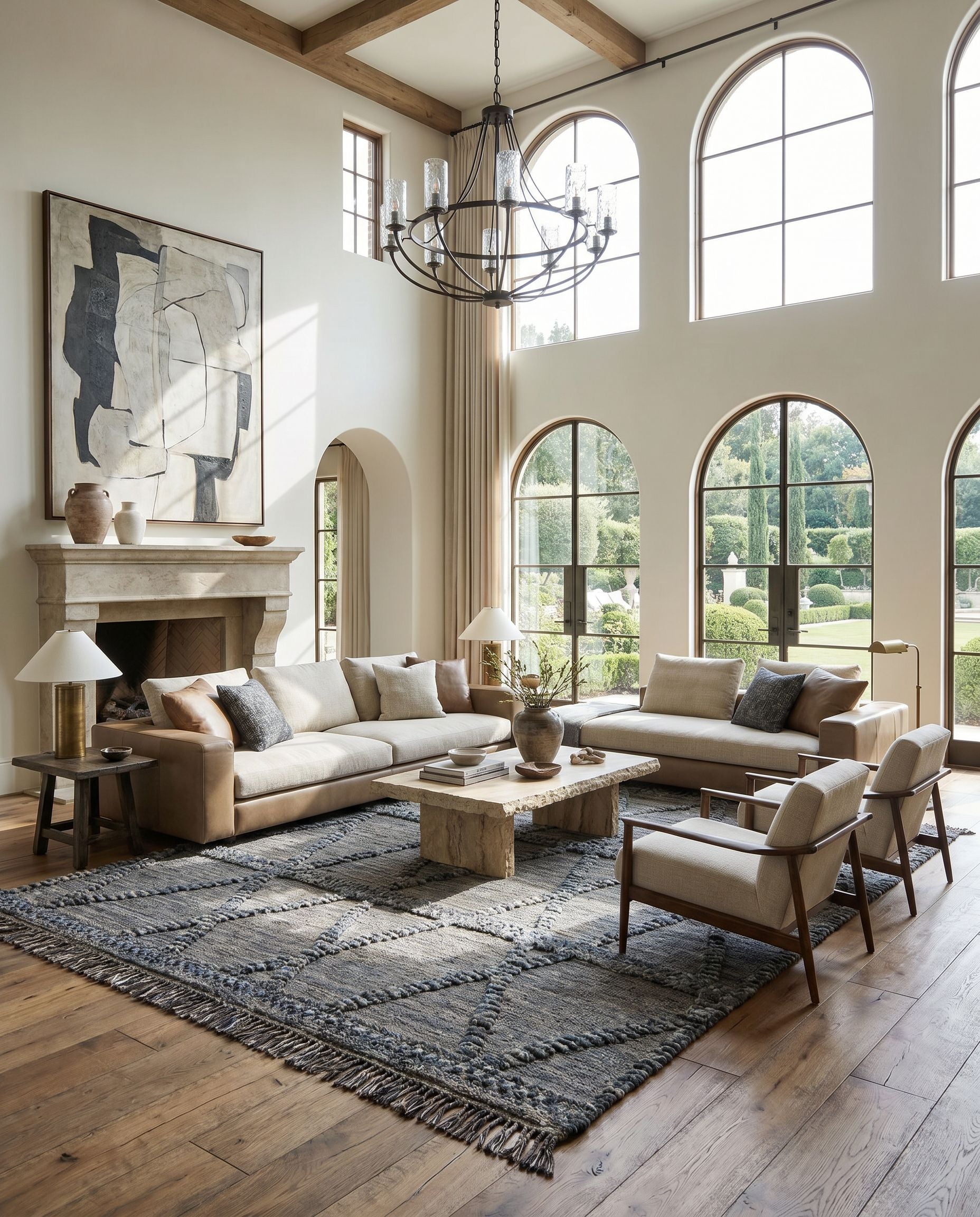 Cadiz CDZ-2302 Hand Knotted Rug styled in an elegant designer living room — hand knotted global area rug in black, gray, charcoal and dark brown tones
