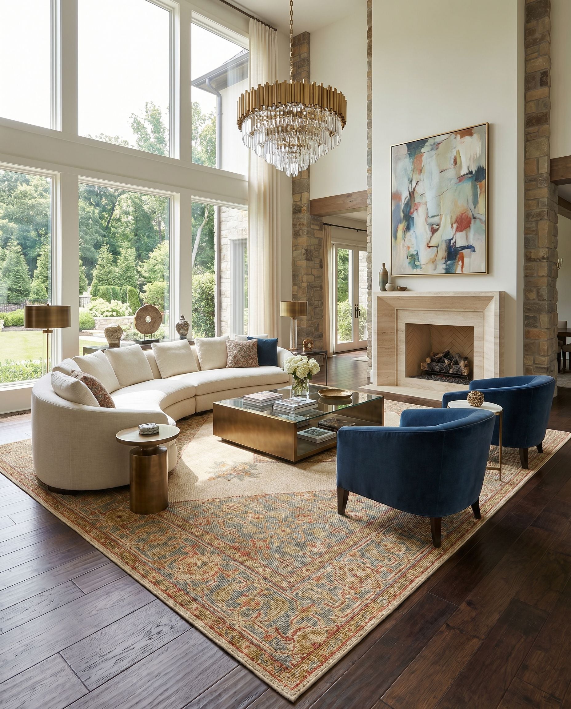 Zahra ZHA-2300 Hand Knotted Rug styled in an elegant designer living room — hand knotted traditional area rug in dusty sage, olive, rust and burnt orange tones