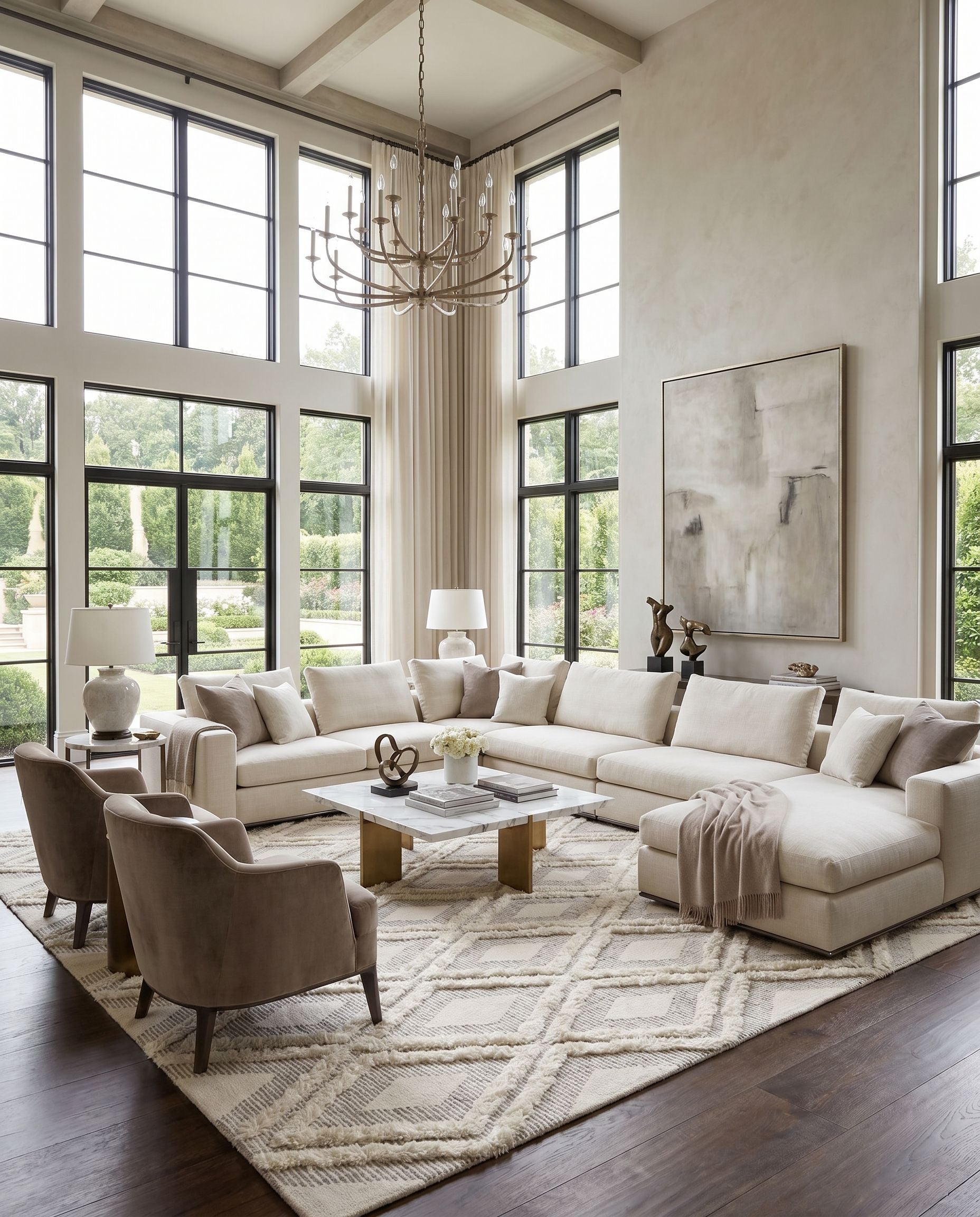 Cherokee CHK-2305 Hand Tufted Rug styled in an elegant designer living room — hand tufted global area rug in brown and cream tones