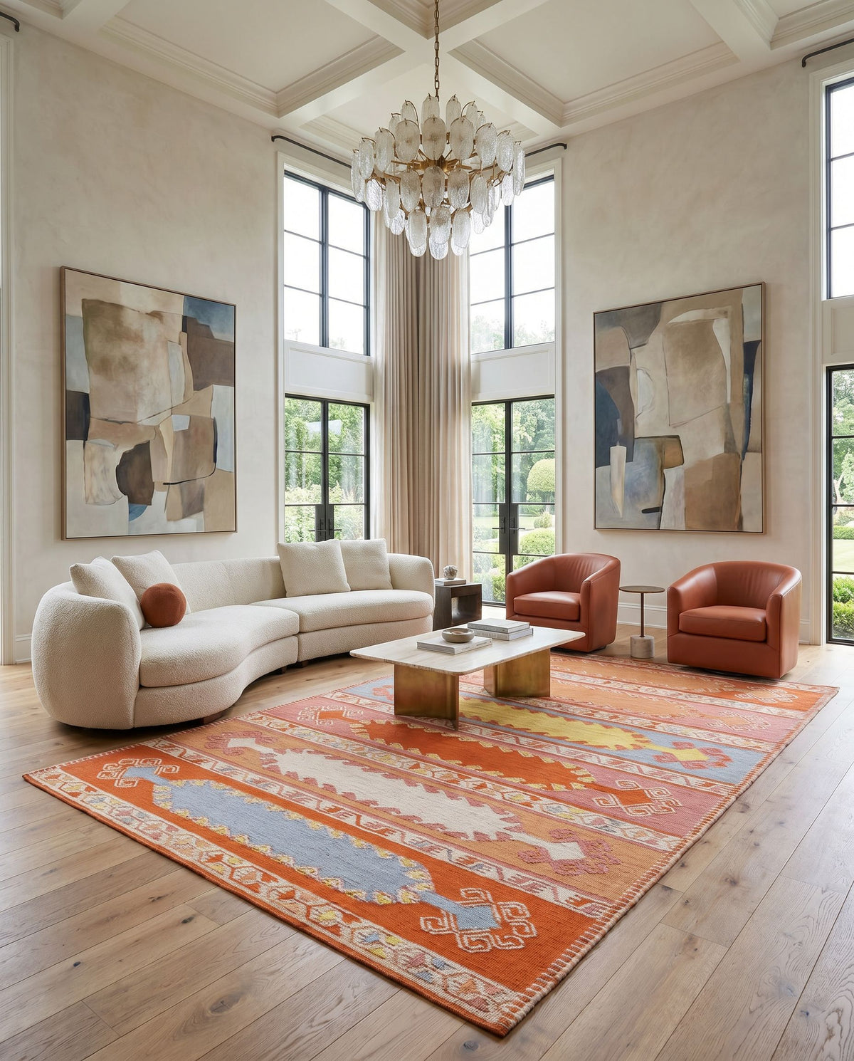 Sajal SAJ-1064 Hand Woven Rug styled in an elegant designer living room — hand woven global area rug in rust, camel, ivory and rose tones