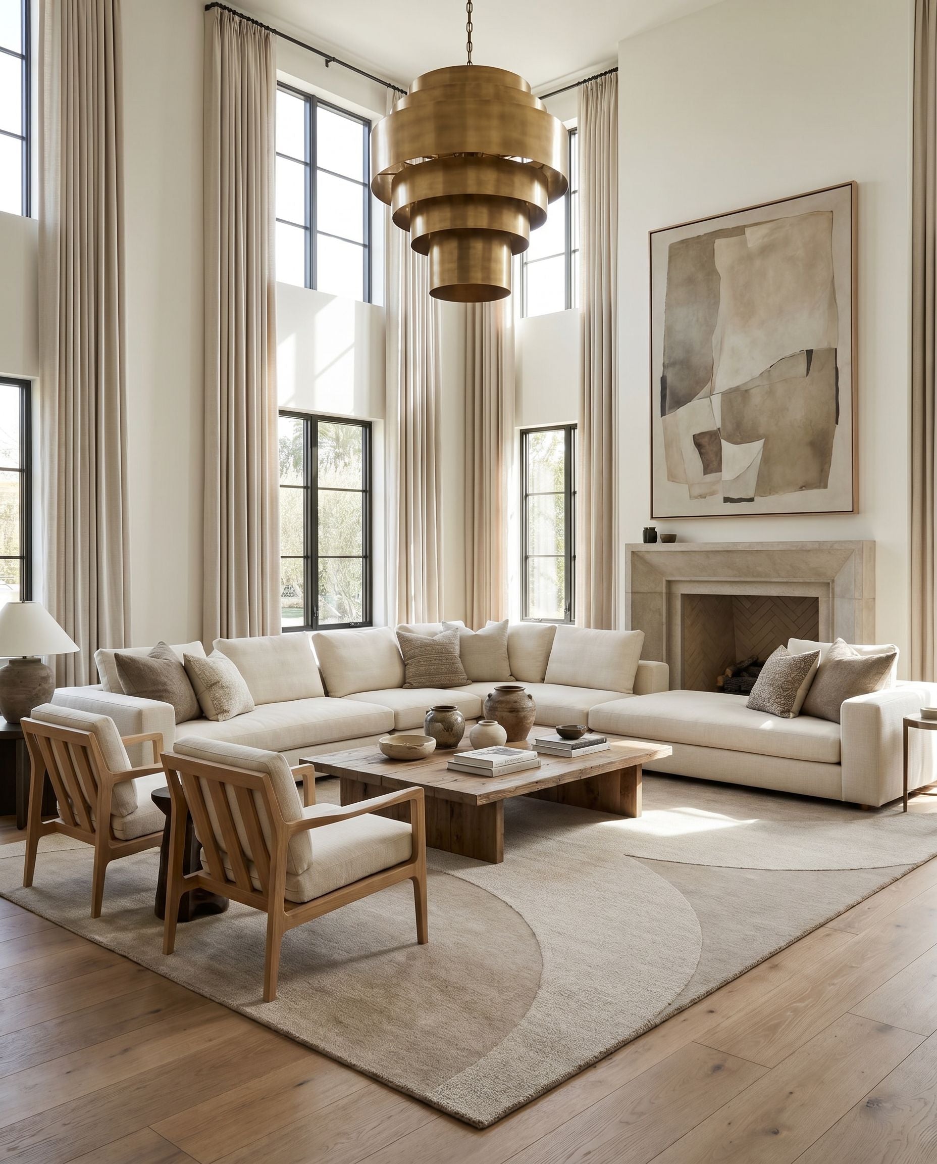 Mystique M-5478 Hand Loomed Rug styled in an elegant designer living room — hand loomed modern area rug in beige, taupe and sandstone tones