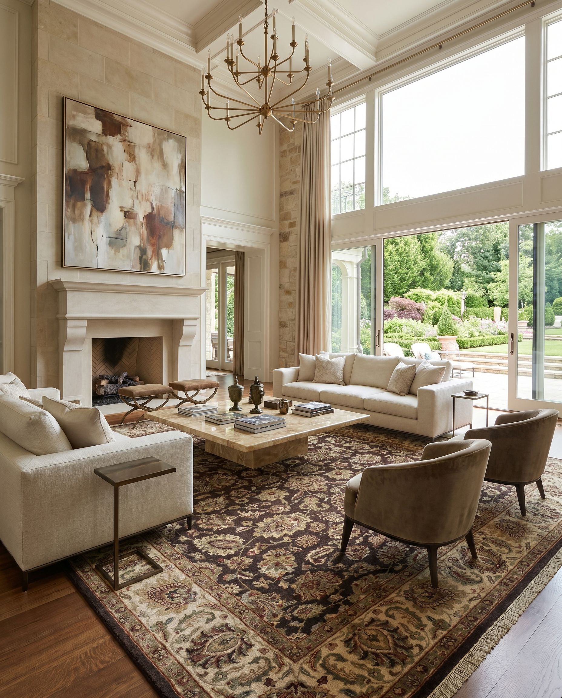Heirloom HLM-6001 Hand Knotted Rug styled in an elegant designer living room — hand knotted traditional area rug in beige, dark brown, mustard and rust tones