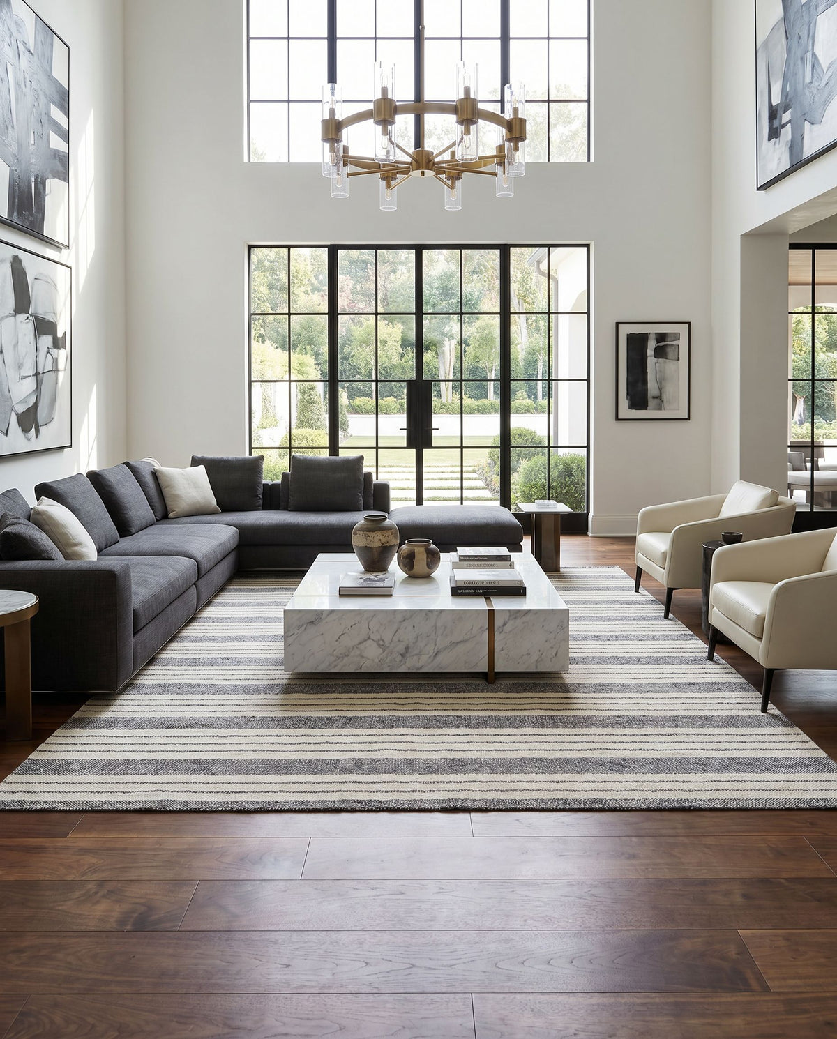 Tartan TAR-2303 Hand Woven Rug styled in an elegant designer living room — hand woven cottage area rug in light gray, gray and black tones