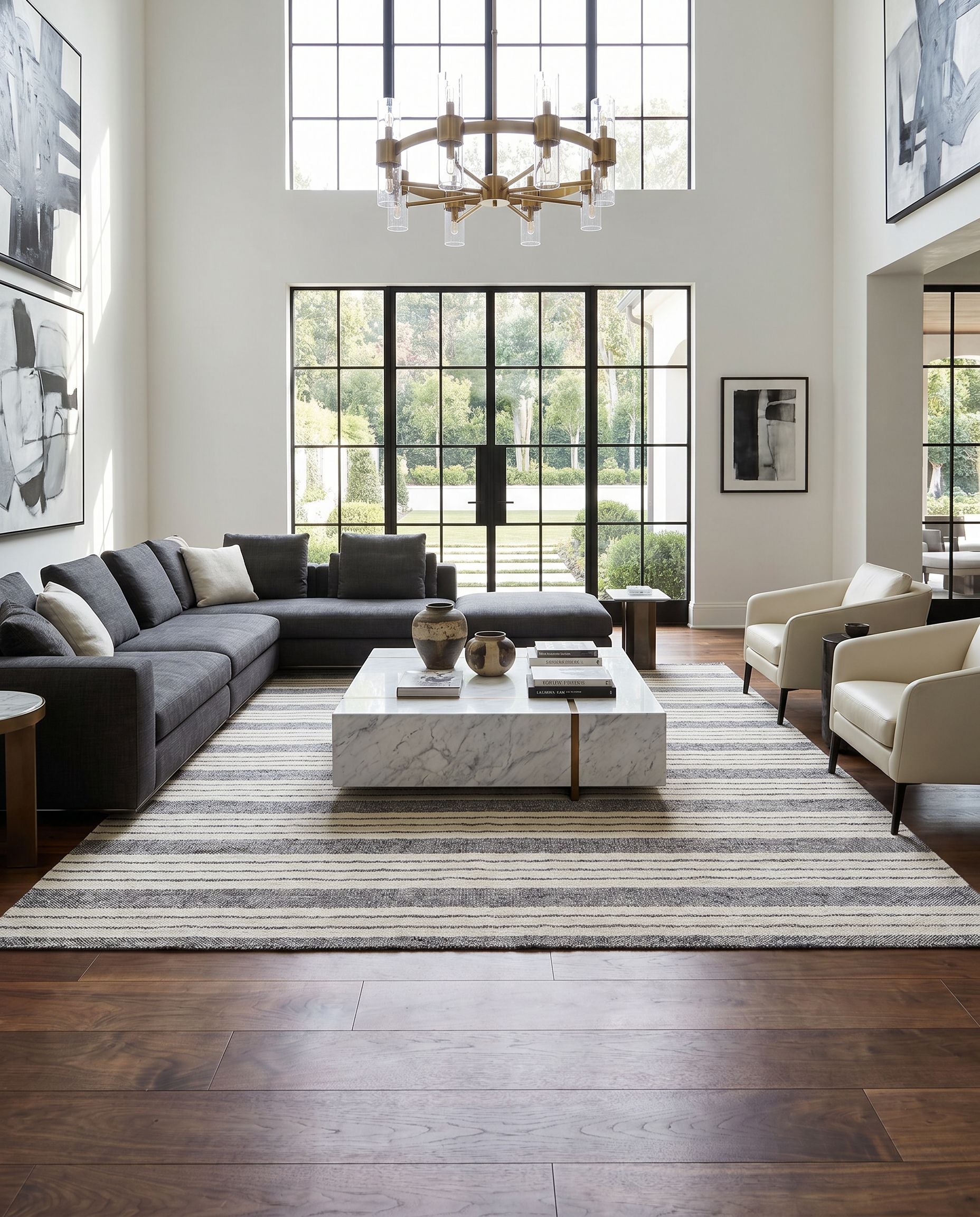Tartan TAR-2303 Hand Woven Rug styled in an elegant designer living room — hand woven cottage area rug in light gray, gray and black tones