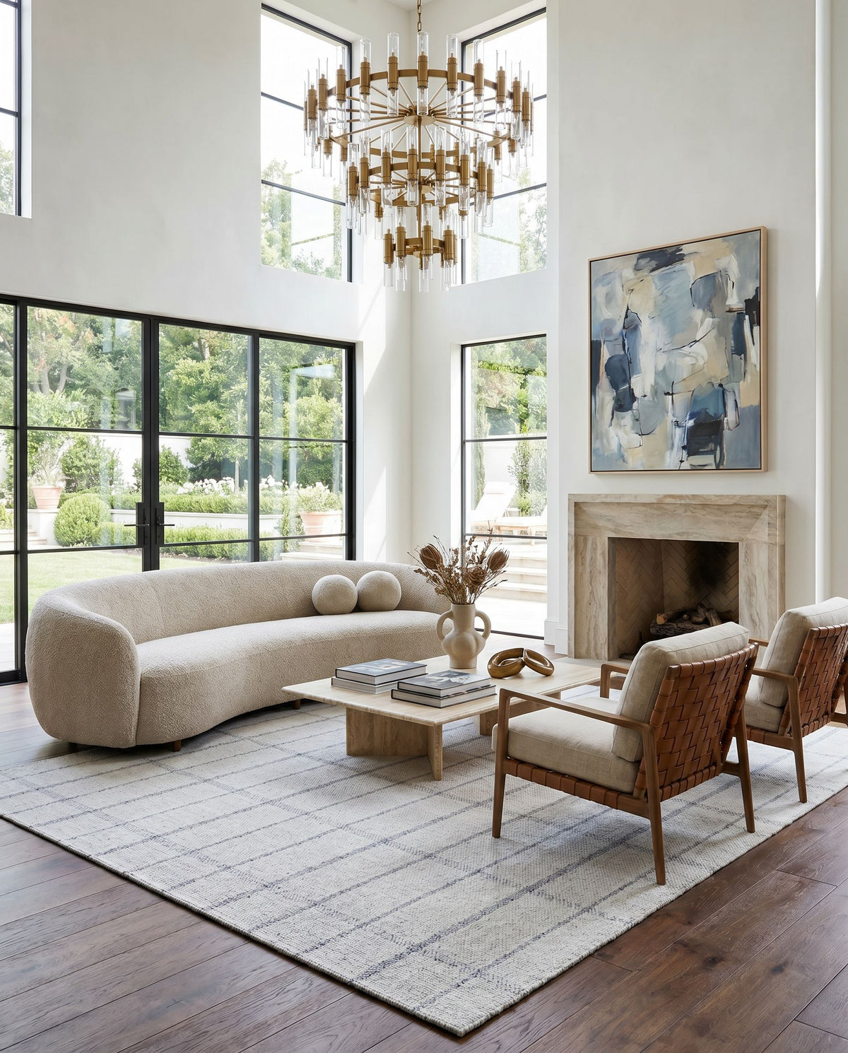 Tartan TAR-2304 Hand Woven Rug styled in an elegant designer living room — hand woven cottage area rug in oatmeal and slate tones