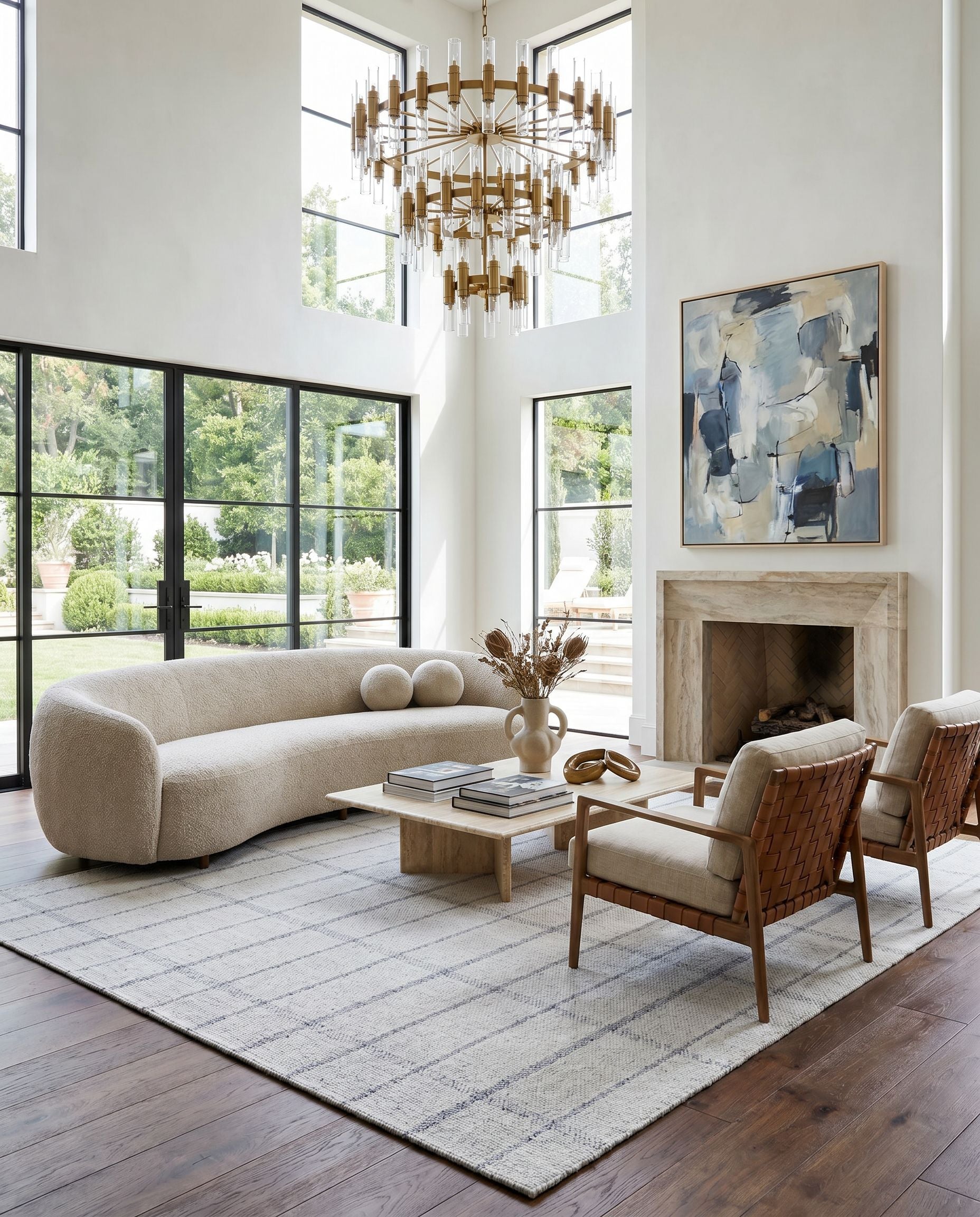 Tartan TAR-2304 Hand Woven Rug styled in an elegant designer living room — hand woven cottage area rug in oatmeal and slate tones