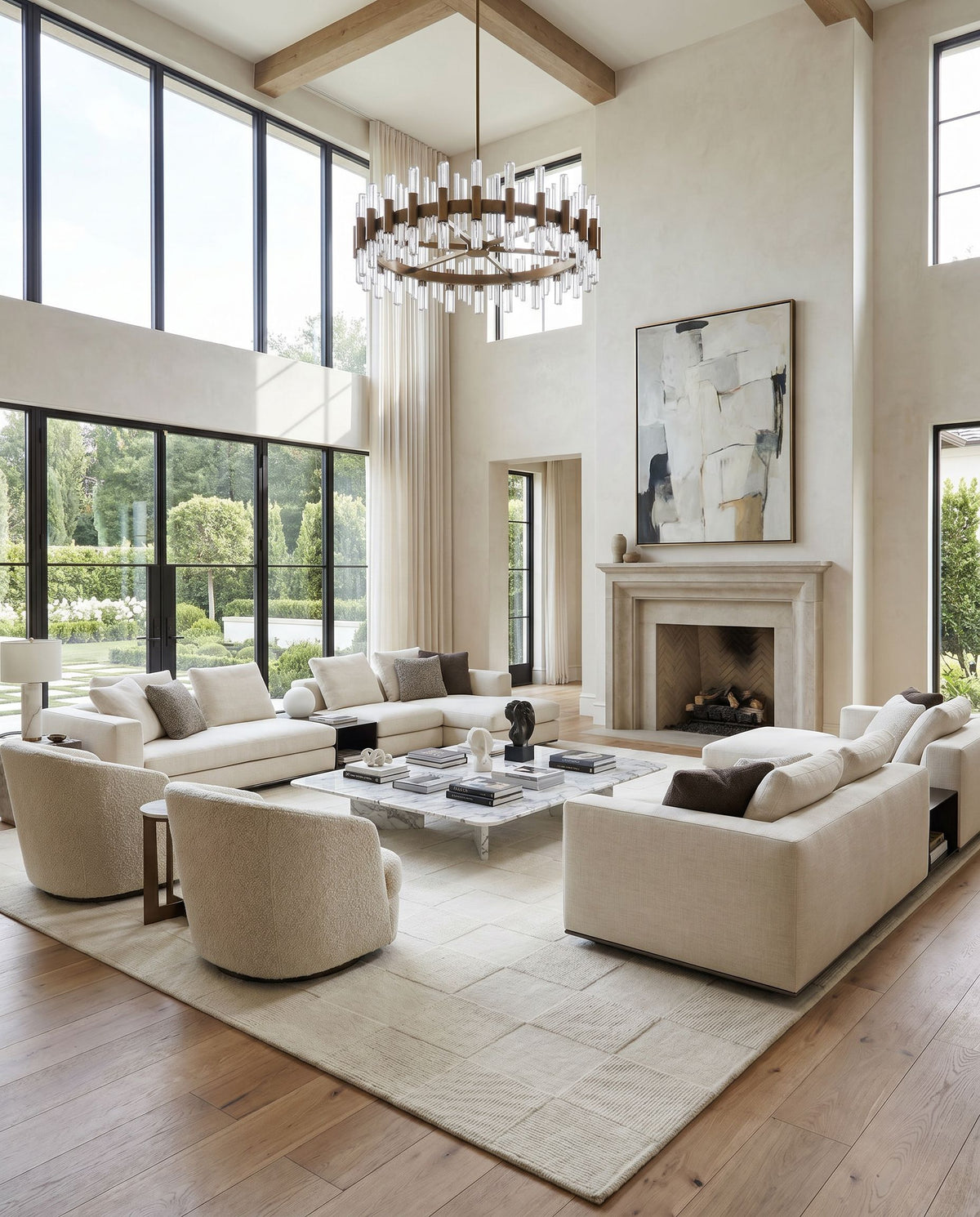 Mystique M-5473 Hand Loomed Rug styled in an elegant designer living room — hand loomed modern area rug in ivory, pearl and cream tones