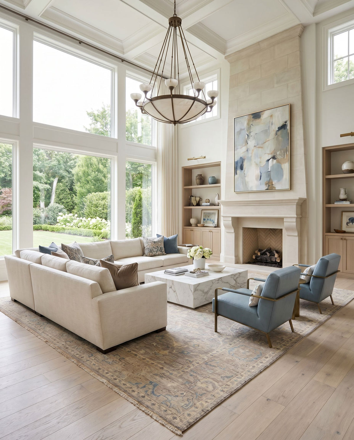 Reign REG-2322 Hand Knotted Rug styled in an elegant designer living room — hand knotted traditional area rug in light gray, beige, denim and medium brown tones