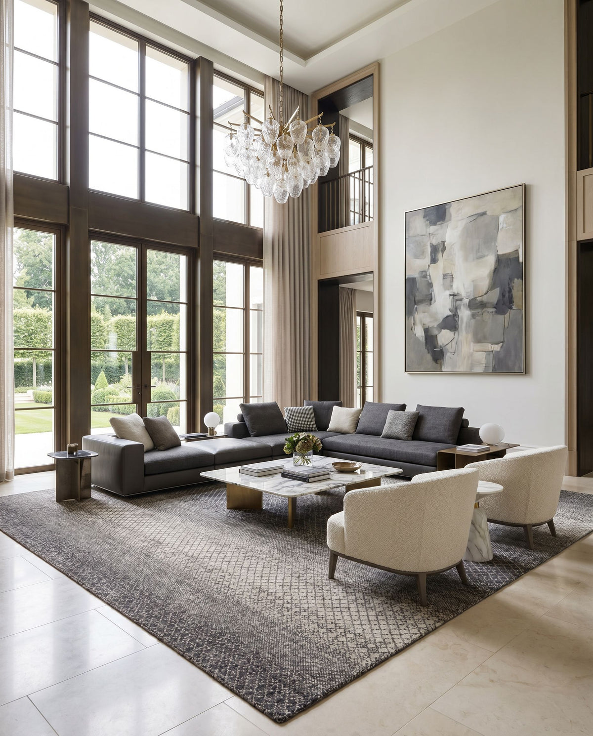 Bethesda BTD-2301 Hand Knotted Rug styled in an elegant designer living room — hand knotted global area rug in black, charcoal, medium gray and light gray tones