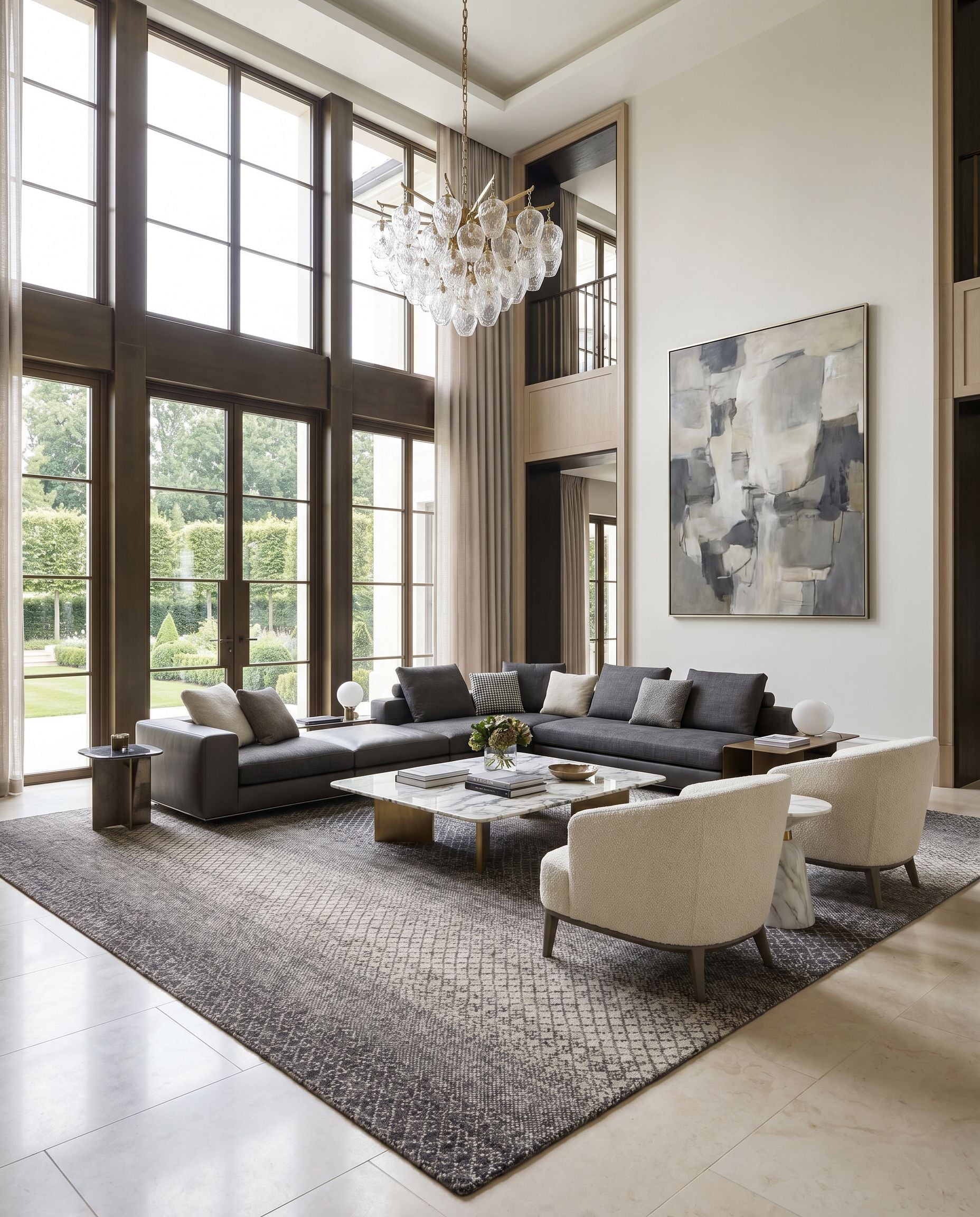 Bethesda BTD-2301 Hand Knotted Rug styled in an elegant designer living room — hand knotted global area rug in black, charcoal, medium gray and light gray tones