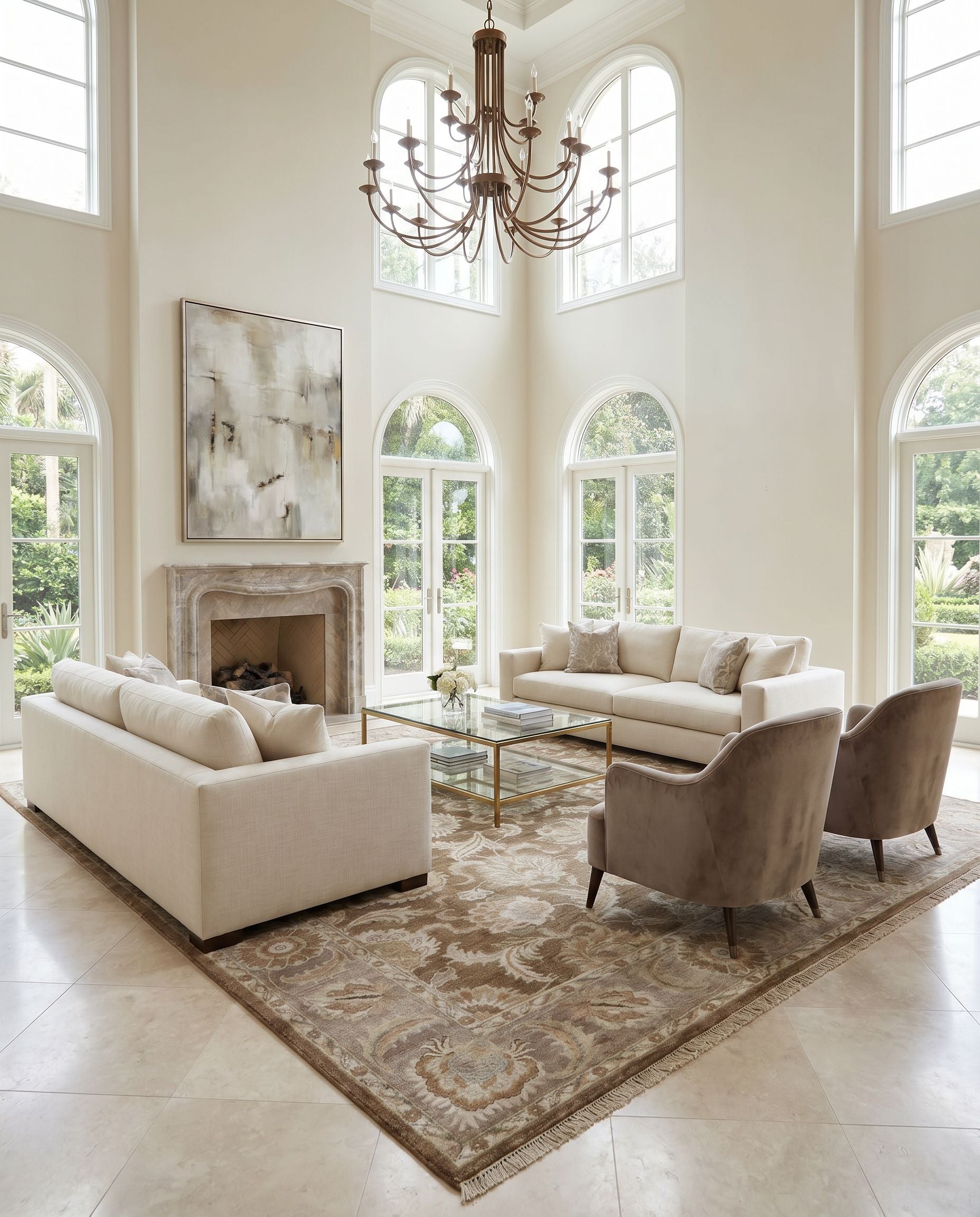 Timeless TIM-7907 Hand Knotted Rug styled in an elegant designer living room — hand knotted traditional area rug in gray, tan, brown and light brown tones