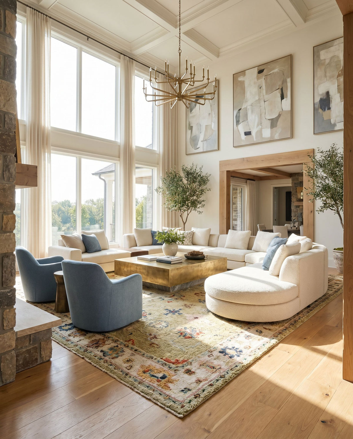 Marrakech MRK-2307 Hand Knotted Rug styled in an elegant designer living room — hand knotted traditional area rug in light sage, dark blue, pale blue and light pink tones