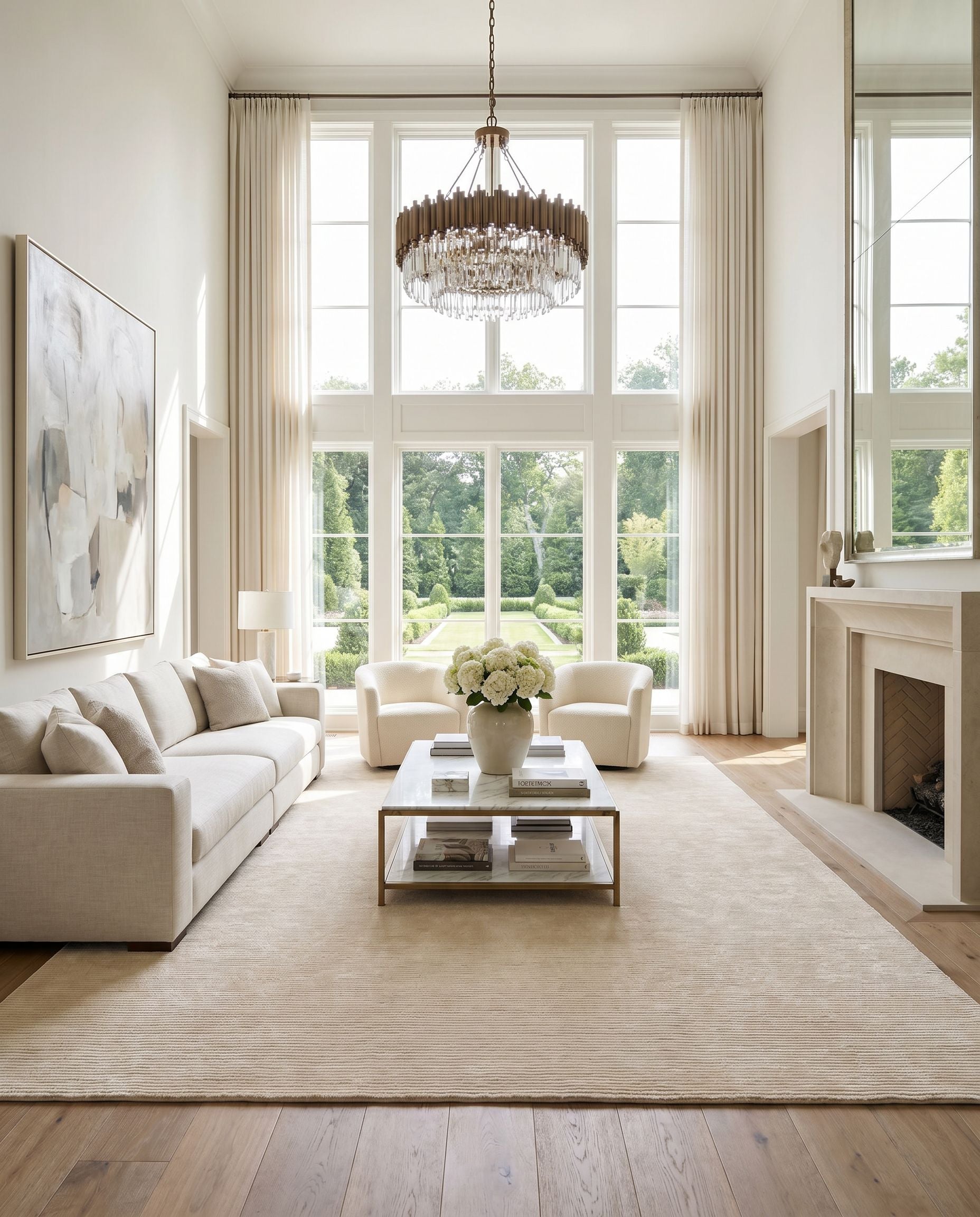 Capri CAP-2303 Hand Knotted Rug styled in an elegant designer living room — hand knotted cottage area rug in beige tones