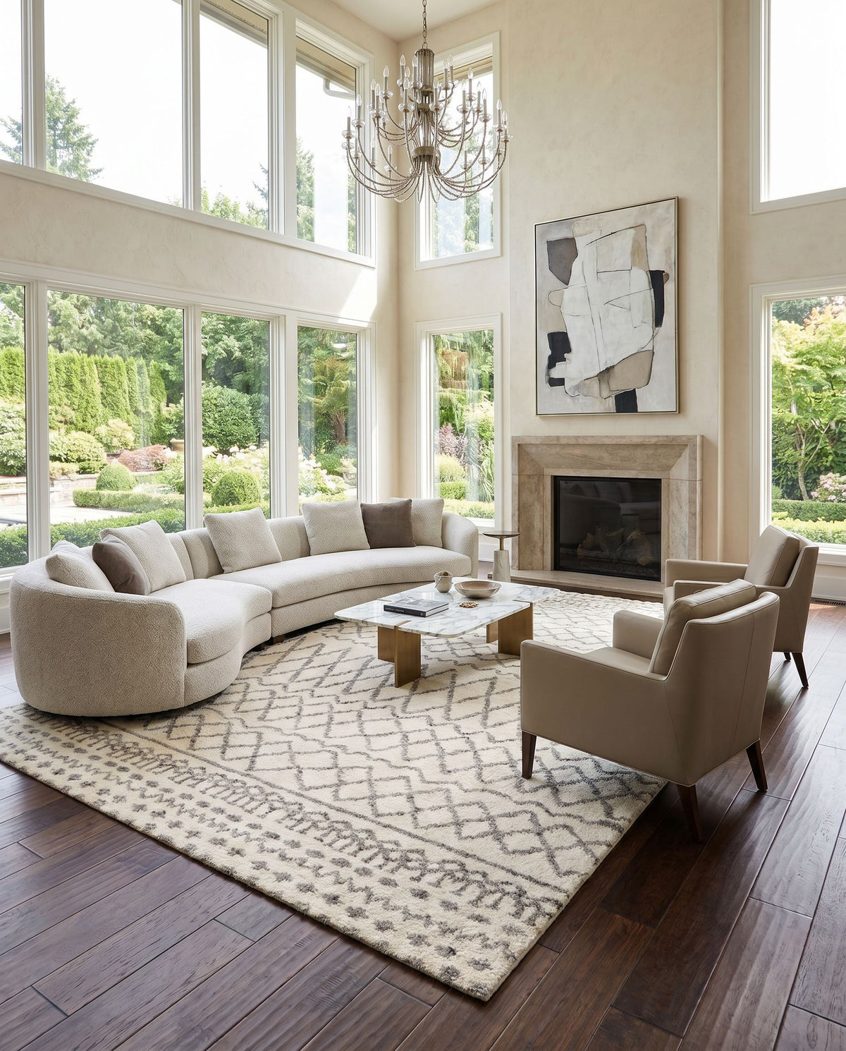 Fez FEZ-2301 Hand Knotted Rug styled in an elegant designer living room — hand knotted global area rug in ivory and taupe tones