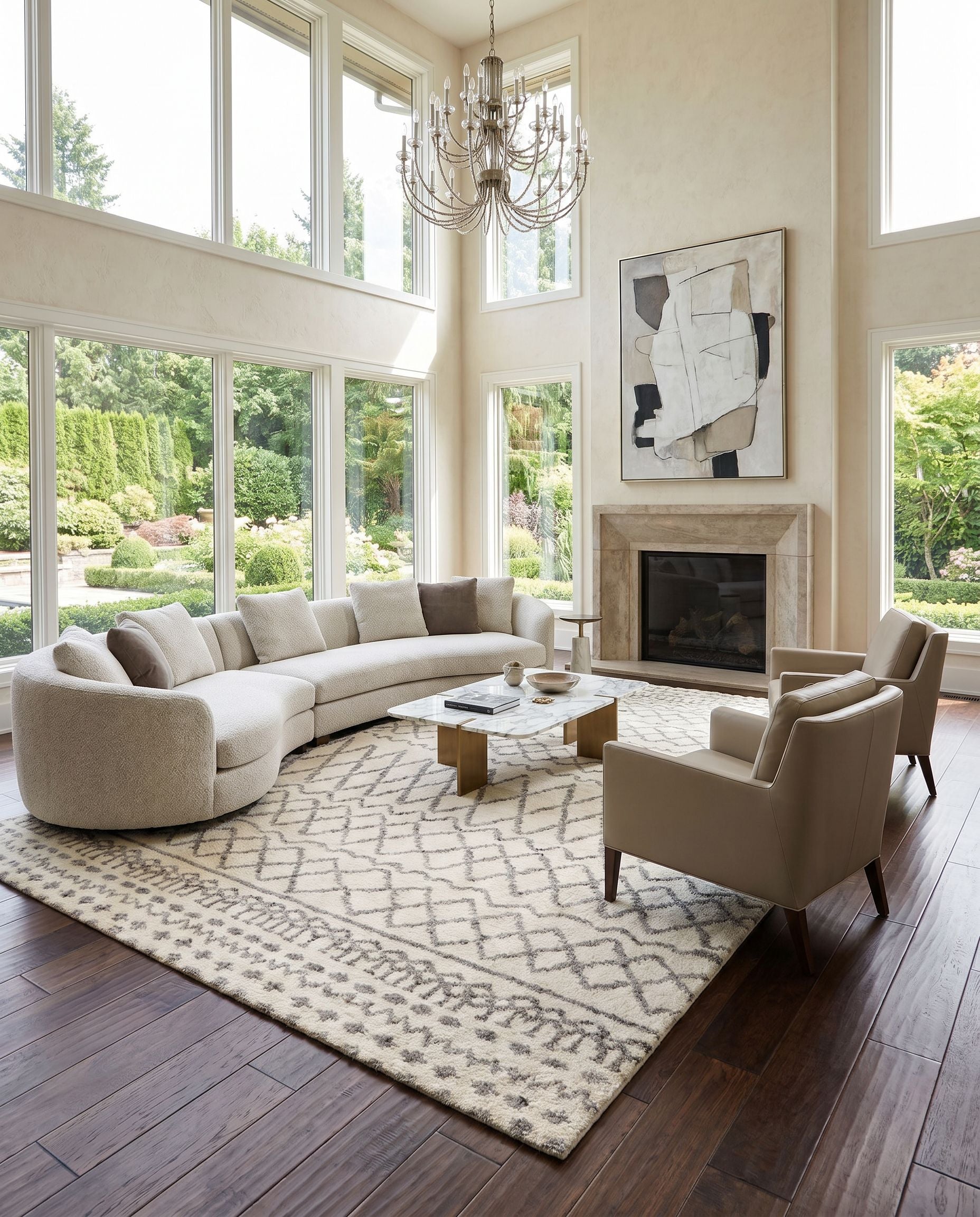 Fez FEZ-2301 Hand Knotted Rug styled in an elegant designer living room — hand knotted global area rug in ivory and taupe tones