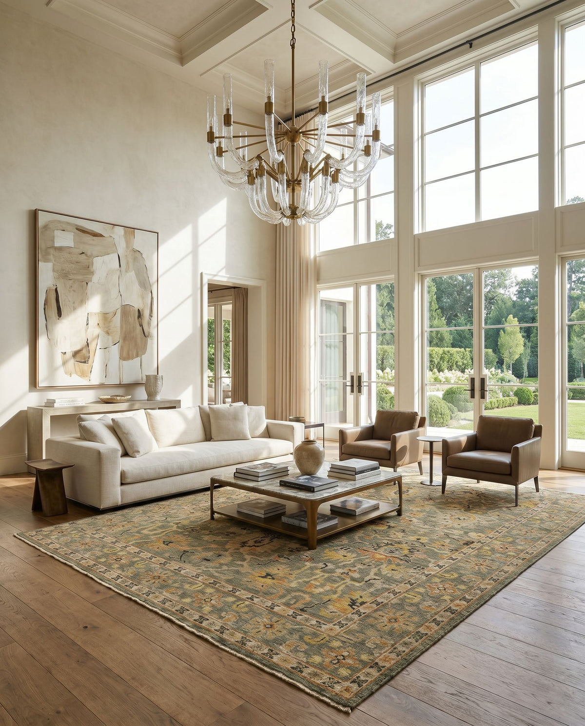 Reign REG-2313 Hand Knotted Rug styled in an elegant designer living room — hand knotted traditional area rug in light brown, black, dark brown and beige tones
