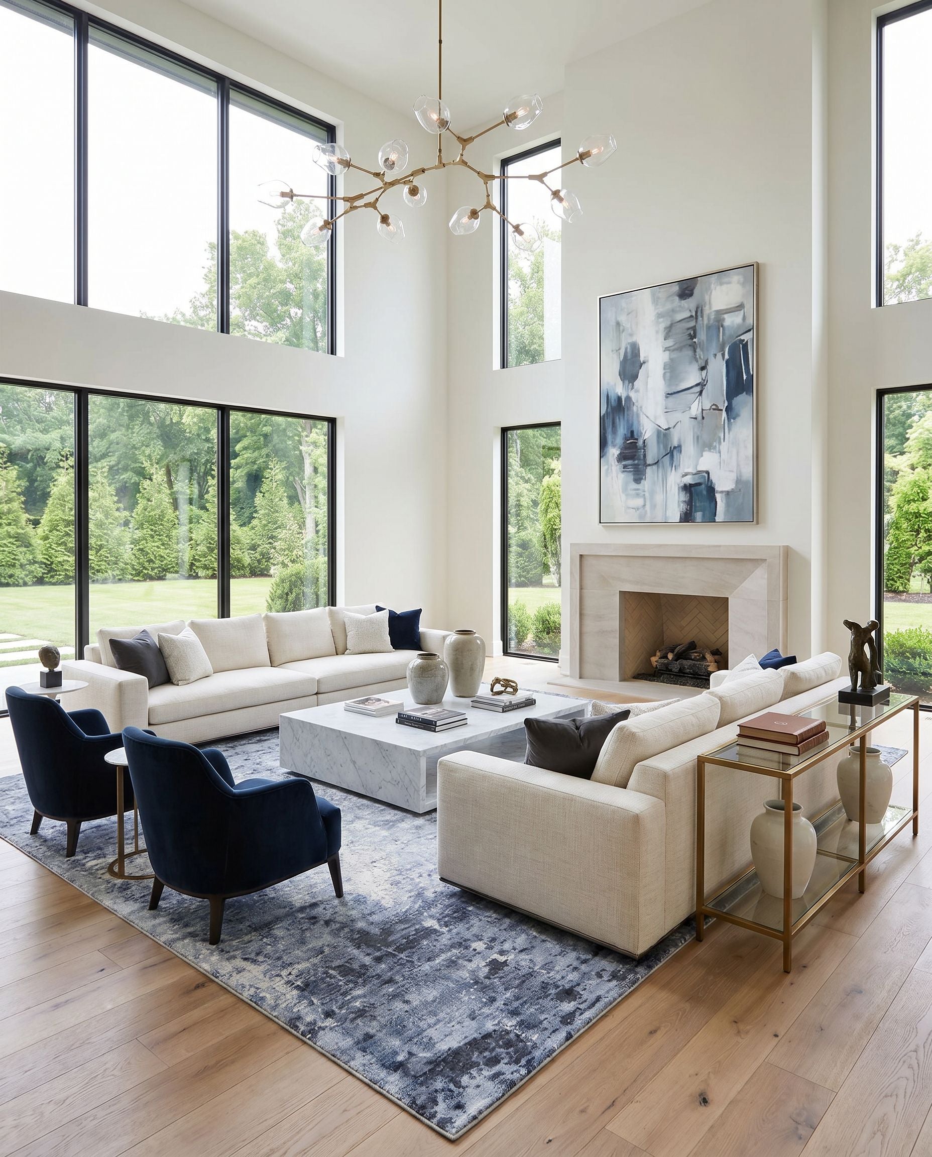 Park Avenue PAV-2302 Hand Loomed Rug styled in an elegant designer living room — hand loomed modern area rug in dark blue, denim, black and medium gray tones