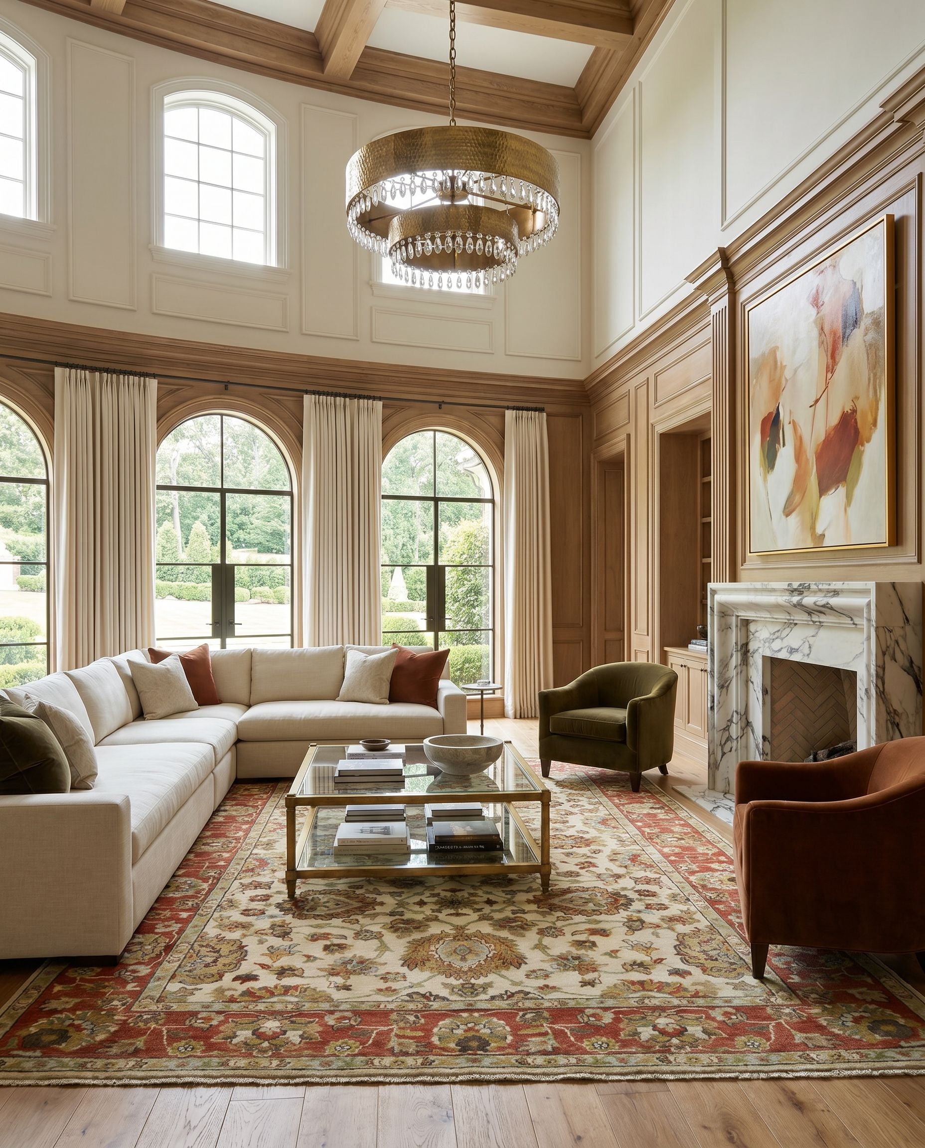 Pazyryk PZY-1002 Hand Knotted Rug styled in an elegant designer living room — hand knotted traditional area rug in light olive, rust, pale blue and tan tones