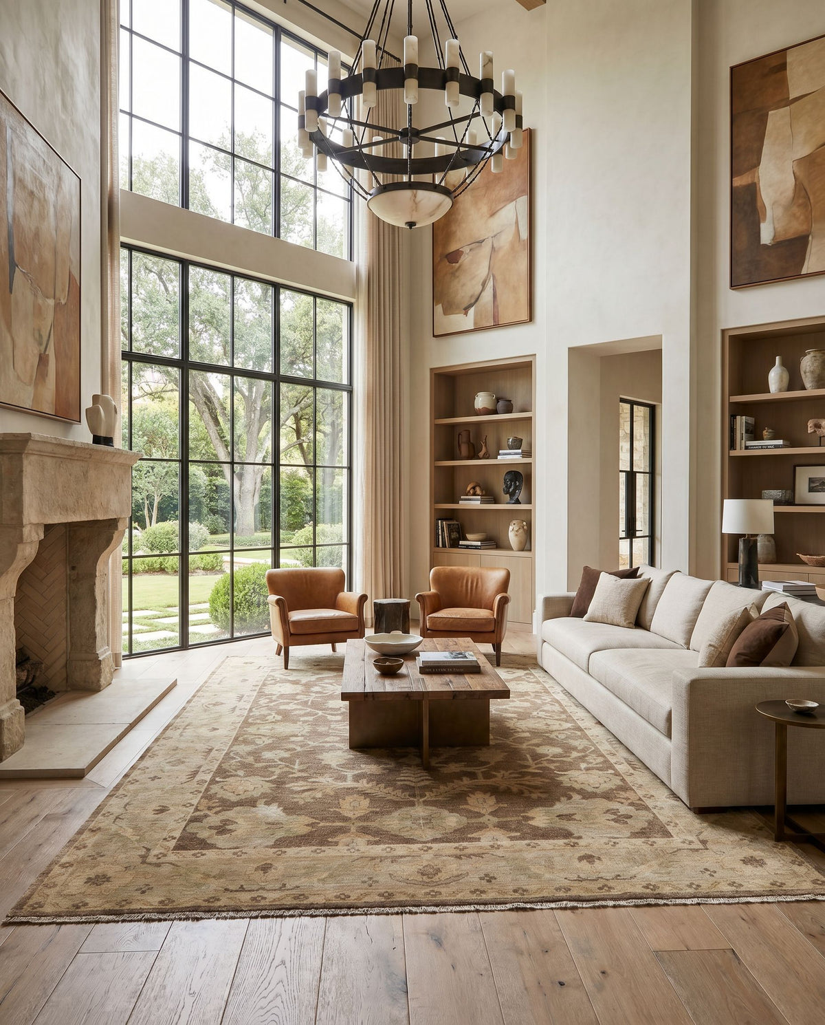 Hillcrest HIL-9011 Hand Knotted Rug styled in an elegant designer living room — hand knotted traditional area rug in ivory, medium gray, charcoal and tan tones