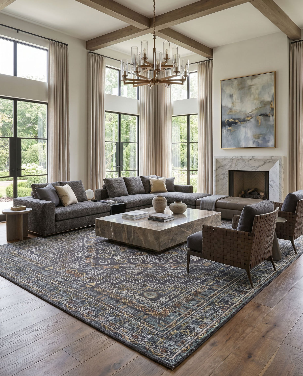 Nobility NBI-2315 Hand Knotted Rug styled in an elegant designer living room — hand knotted traditional area rug in charcoal, light gray, wheat and peach tones