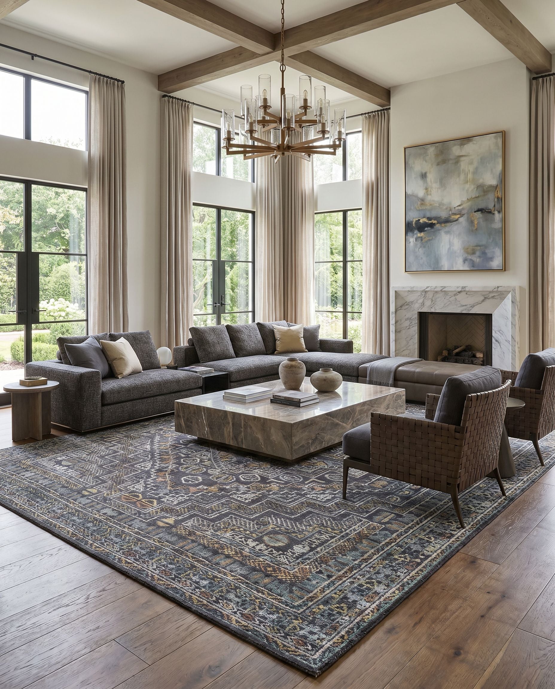 Nobility NBI-2315 Hand Knotted Rug styled in an elegant designer living room — hand knotted traditional area rug in charcoal, light gray, wheat and peach tones