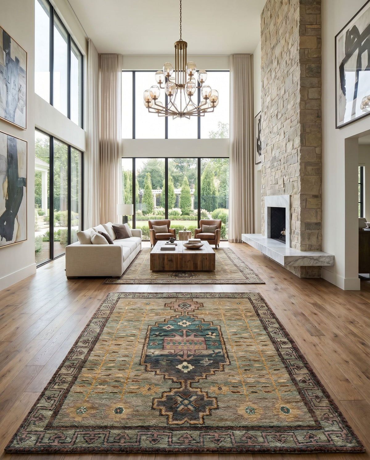 Scarborough SCR-5161 Hand Knotted Rug styled in an elegant designer living room — hand knotted global area rug in medium green, sage, dusty pink and burnt orange tones