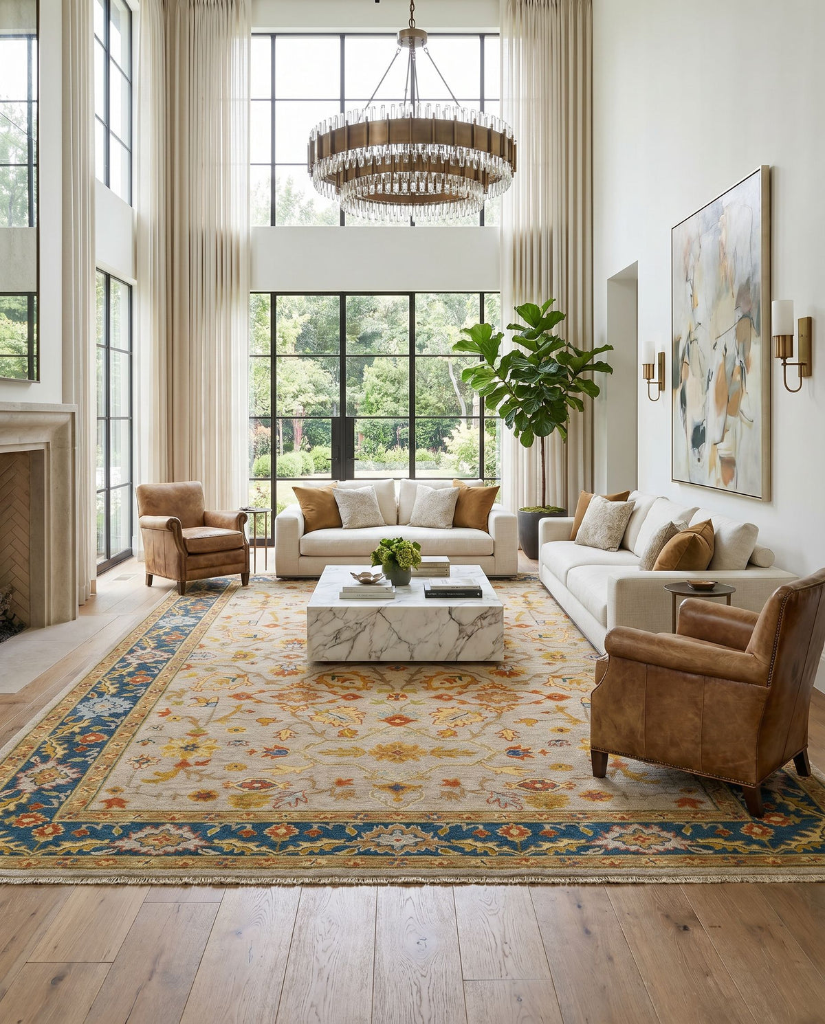 Soumek SMK-103 Hand Knotted Rug styled in an elegant designer living room — hand knotted traditional area rug in teal, burnt orange, mustard and ice blue tones