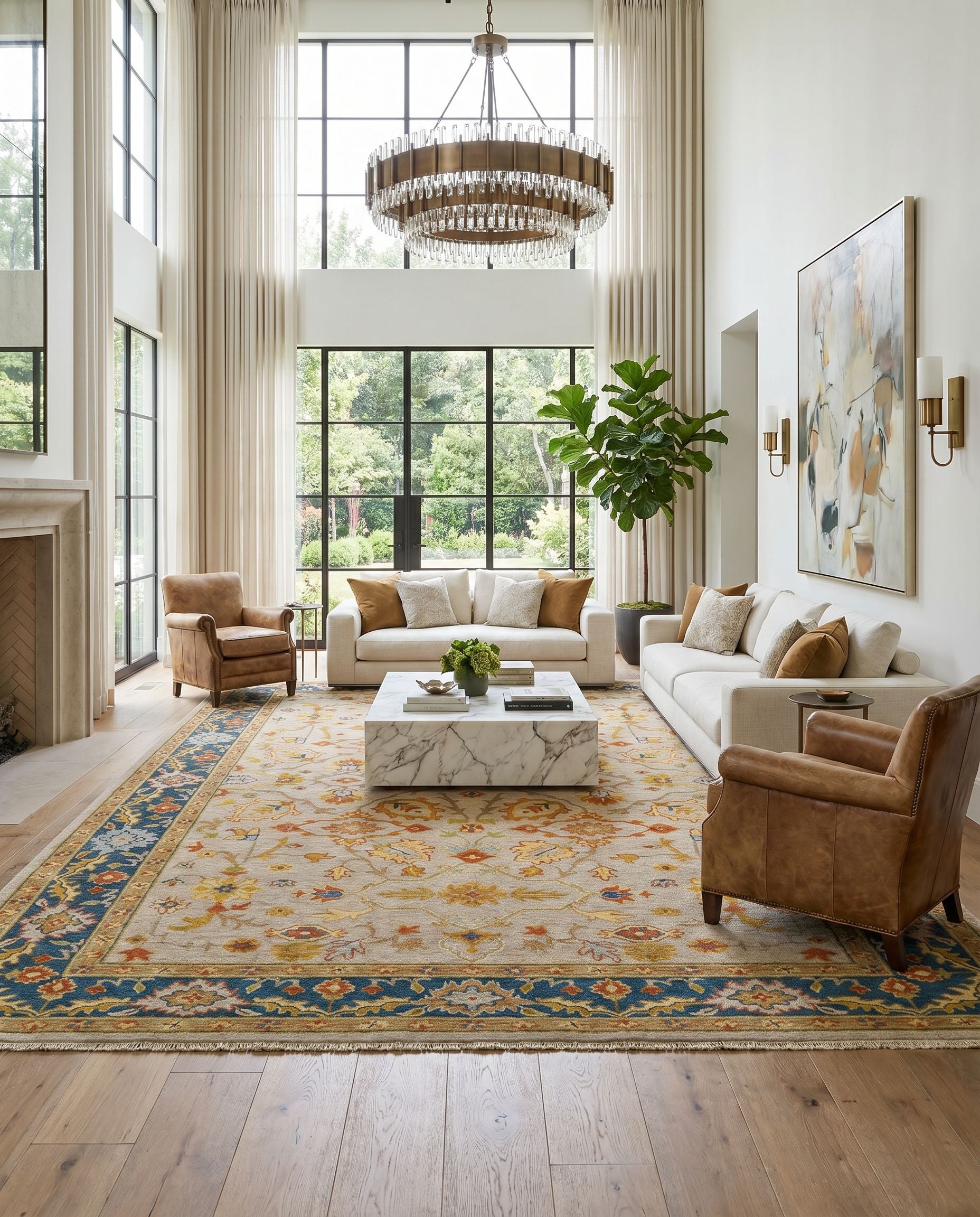 Soumek SMK-103 Hand Knotted Rug styled in an elegant designer living room — hand knotted traditional area rug in teal, burnt orange, mustard and ice blue tones