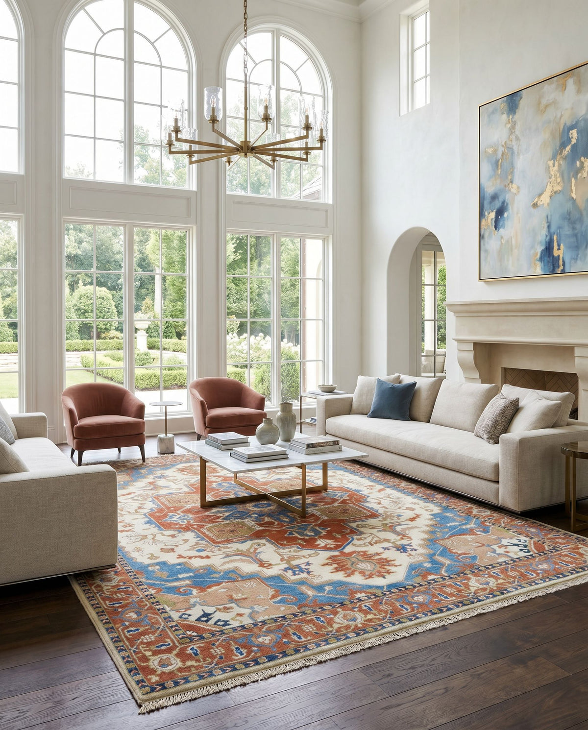 Zeus ZEU-8002 Hand Knotted Rug styled in an elegant designer living room — hand knotted traditional area rug in burnt orange, blue and tan tones