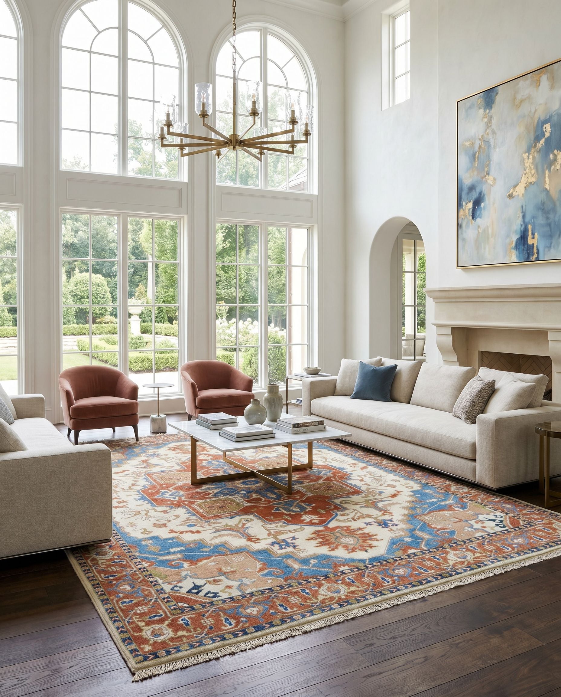 Zeus ZEU-8002 Hand Knotted Rug styled in an elegant designer living room — hand knotted traditional area rug in burnt orange, blue and tan tones
