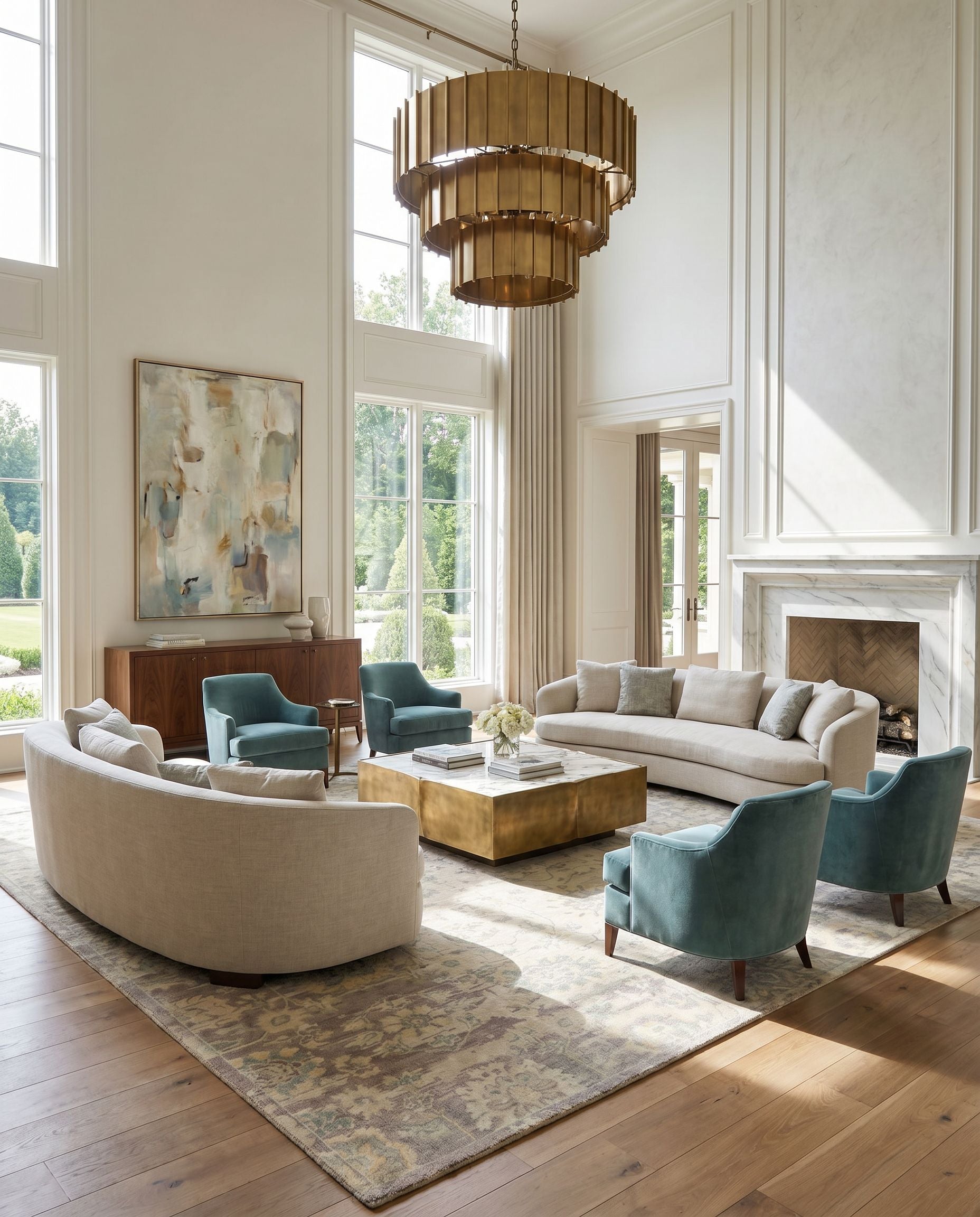 Normandy NOY-8006 Hand Knotted Rug styled in an elegant designer living room — hand knotted traditional area rug in wheat, light sage, teal and lavender tones