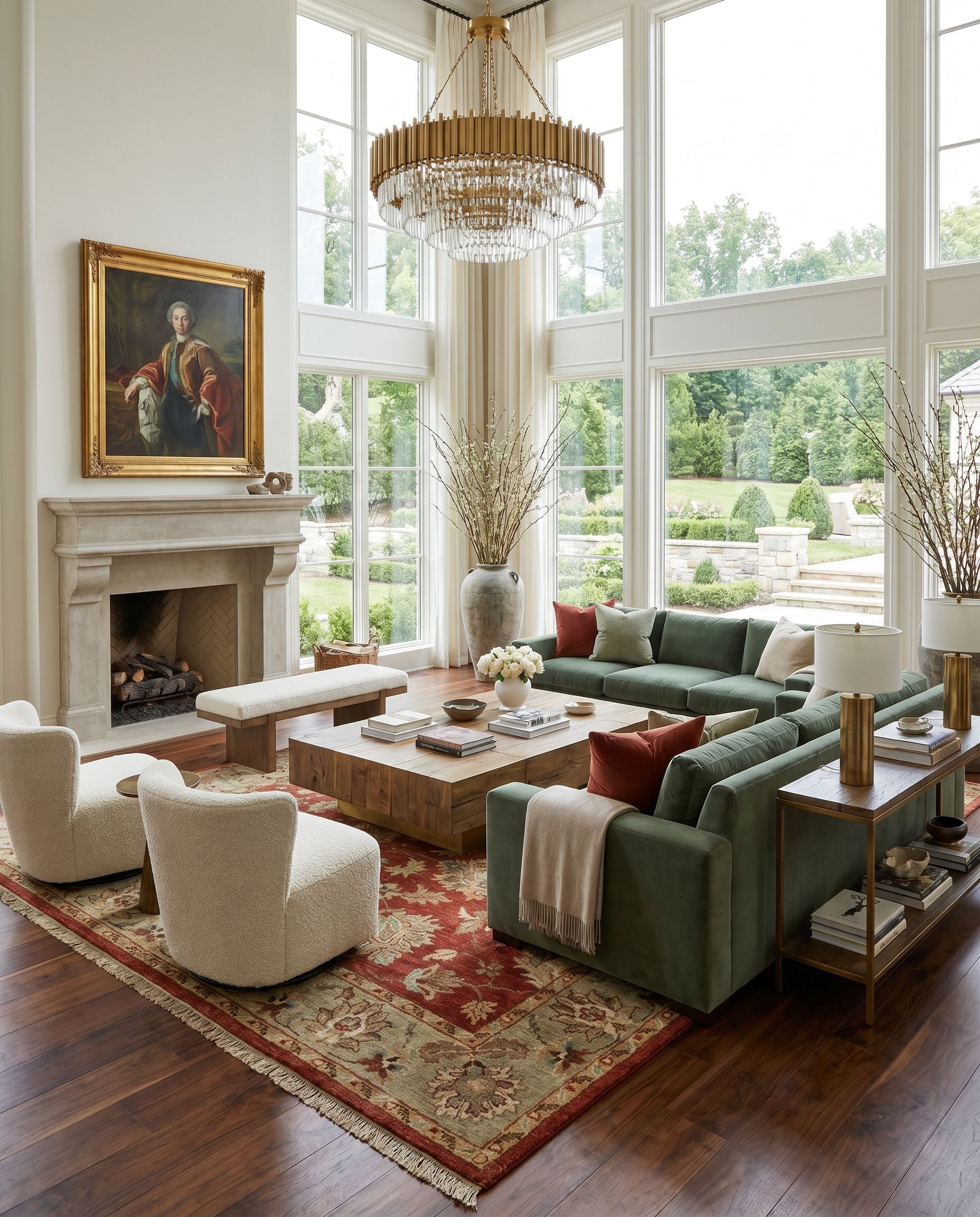 Estate EST-10500 Hand Knotted Rug styled in an elegant designer living room — hand knotted traditional area rug in olive, gray, tan and mauve tones