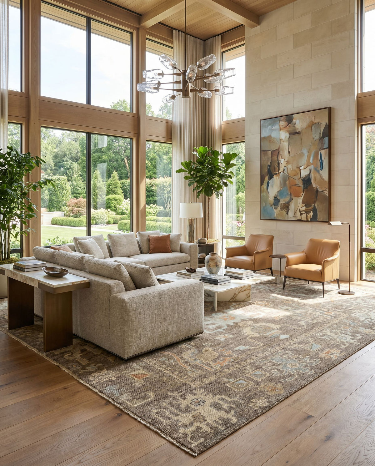 Antalya AAT-2303 Hand Knotted Rug styled in an elegant designer living room — hand knotted traditional area rug in dark brown, off-white, dusty sage and brown tones