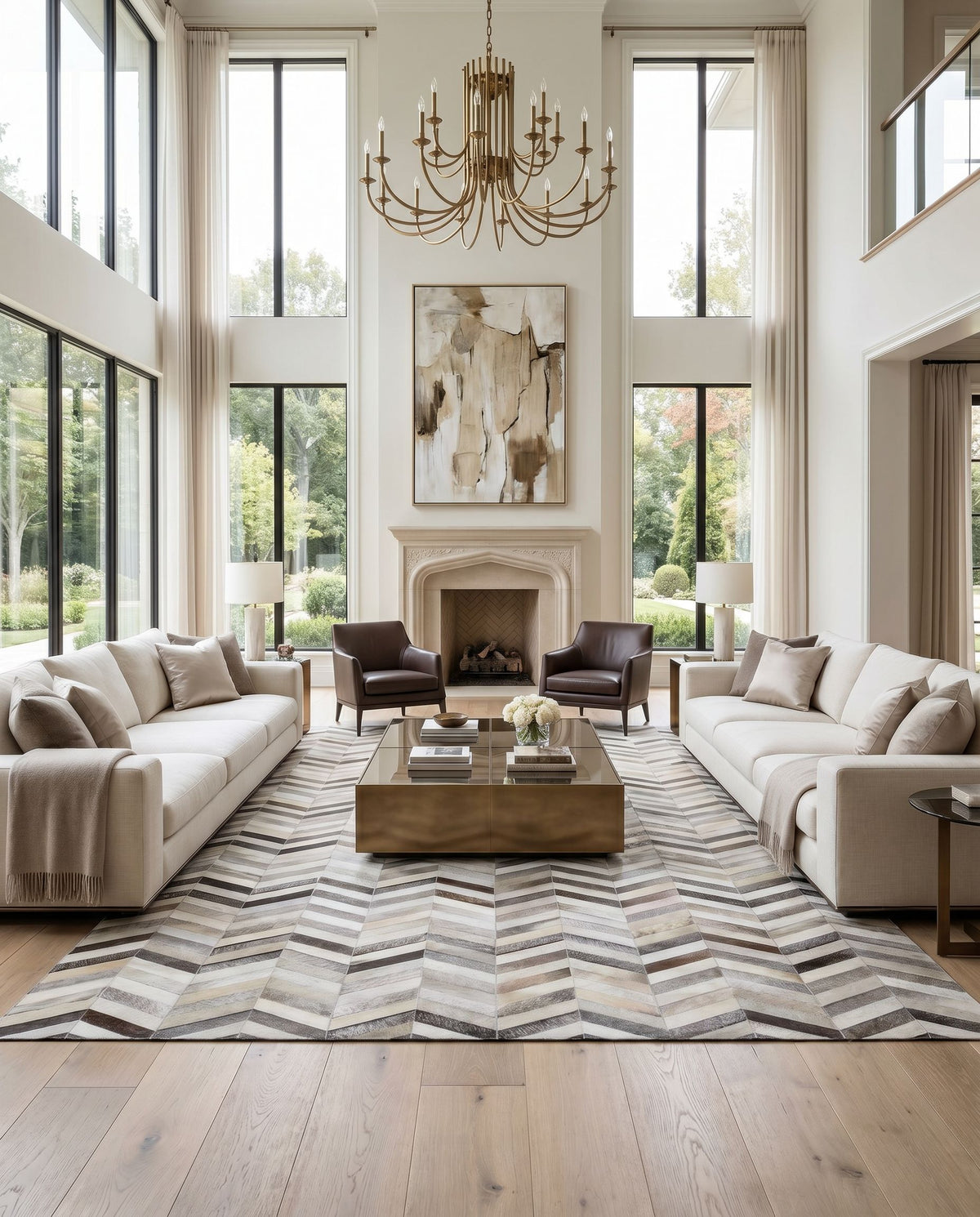 Trail TRL-1129 Hand Crafted Rug styled in an elegant designer living room — hand crafted modern area rug in light gray, gray, taupe and charcoal tones