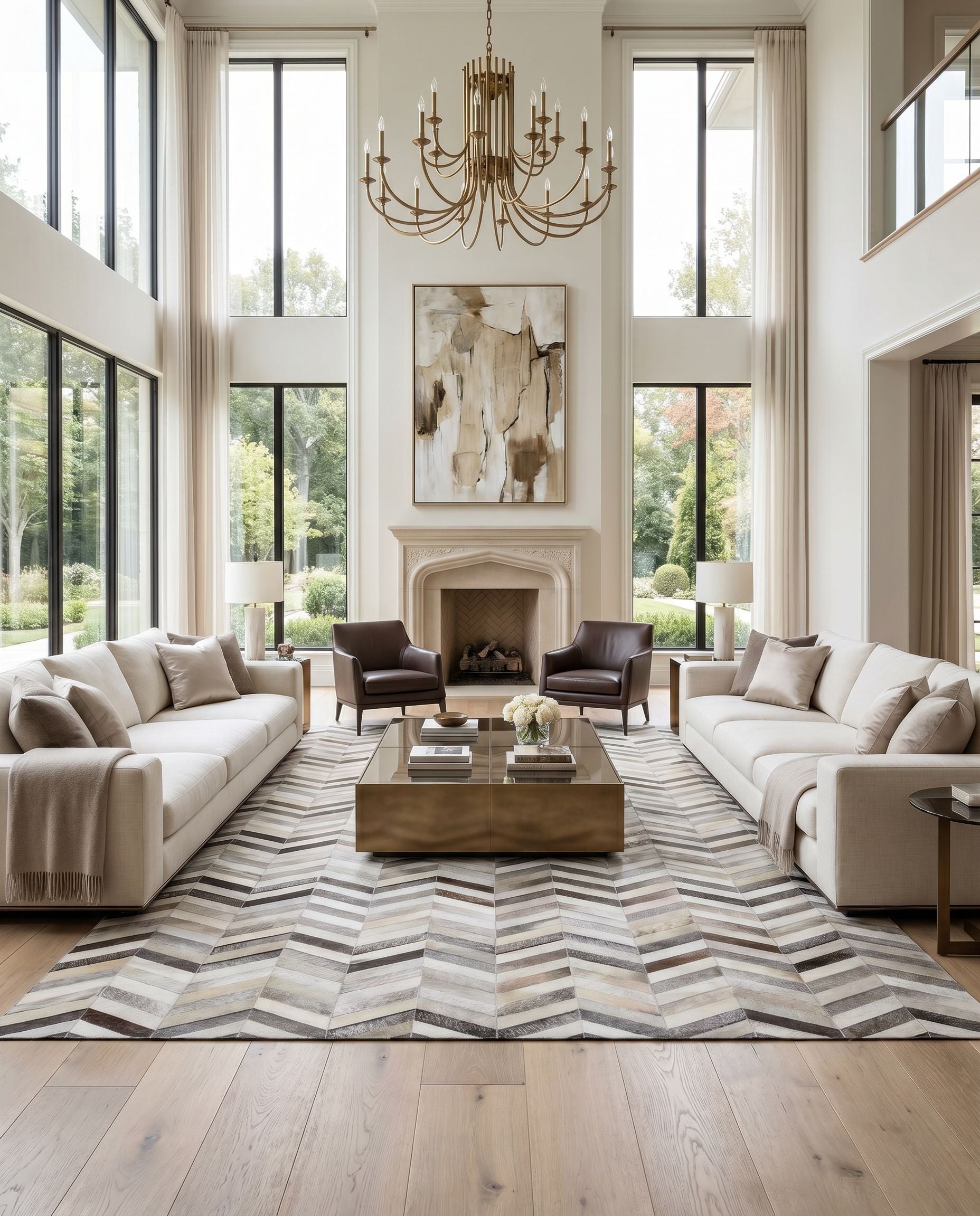 Trail TRL-1129 Hand Crafted Rug styled in an elegant designer living room — hand crafted modern area rug in light gray, gray, taupe and charcoal tones