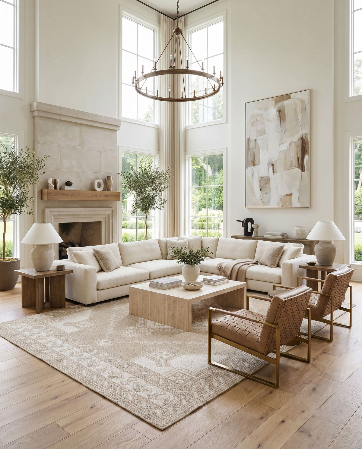 Zahra ZHA-2305 Hand Knotted Rug styled in an elegant designer living room — hand knotted traditional area rug in cream and light brown tones