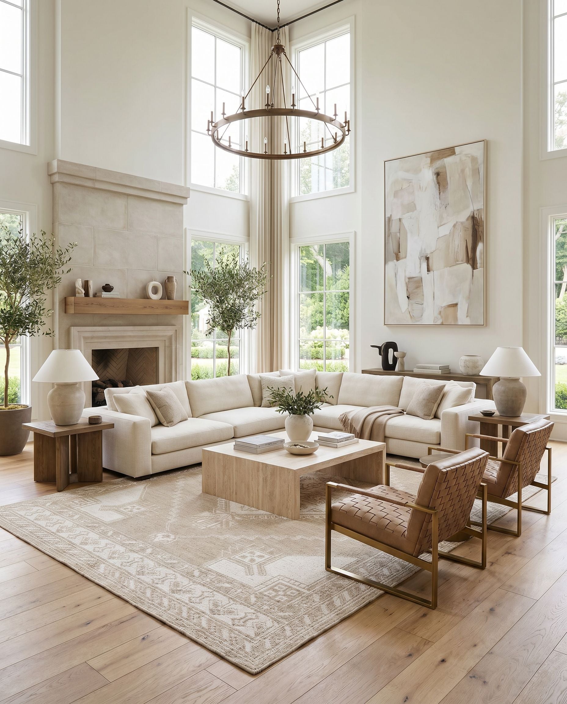 Zahra ZHA-2305 Hand Knotted Rug styled in an elegant designer living room — hand knotted traditional area rug in cream and light brown tones