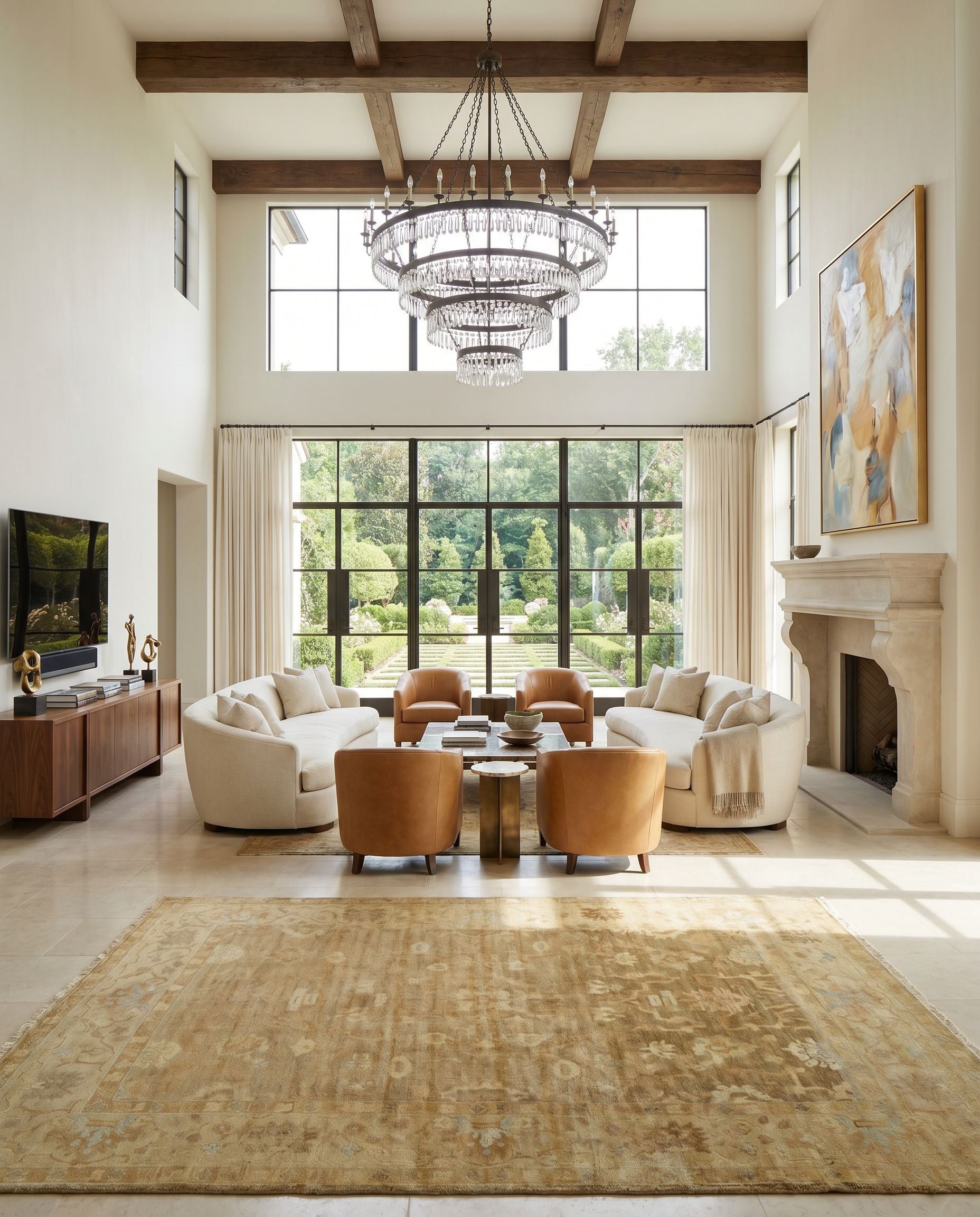 Antique ATQ-1001 Hand Knotted Rug styled in an elegant designer living room — hand knotted traditional area rug in mustard, tan, dusty pink and slate tones