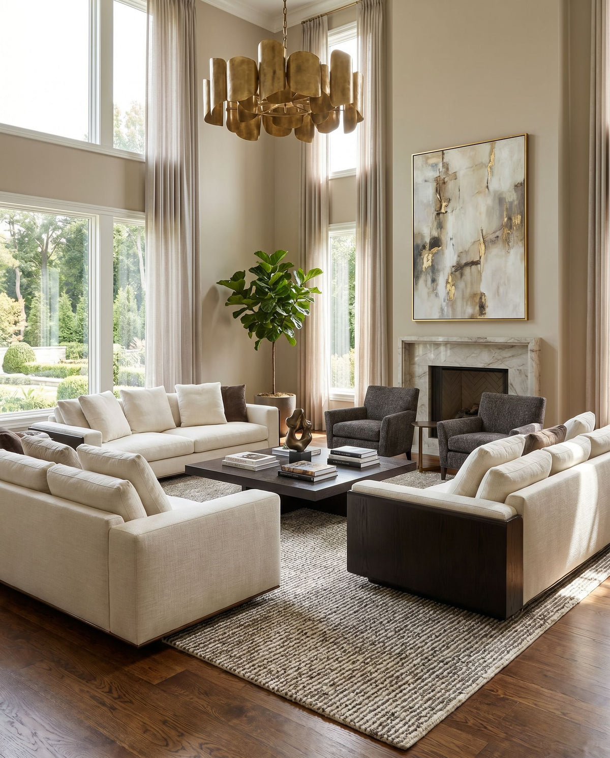Totenham TTH-2301 Hand Woven Rug styled in an elegant designer living room — hand woven modern area rug in cream and charcoal tones