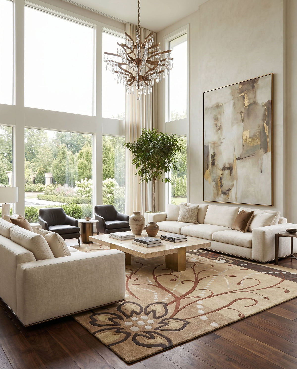 Athena ATH-5006 Hand Tufted Rug styled in an elegant designer living room — hand tufted modern area rug in mustard, brown, beige and dark brown tones