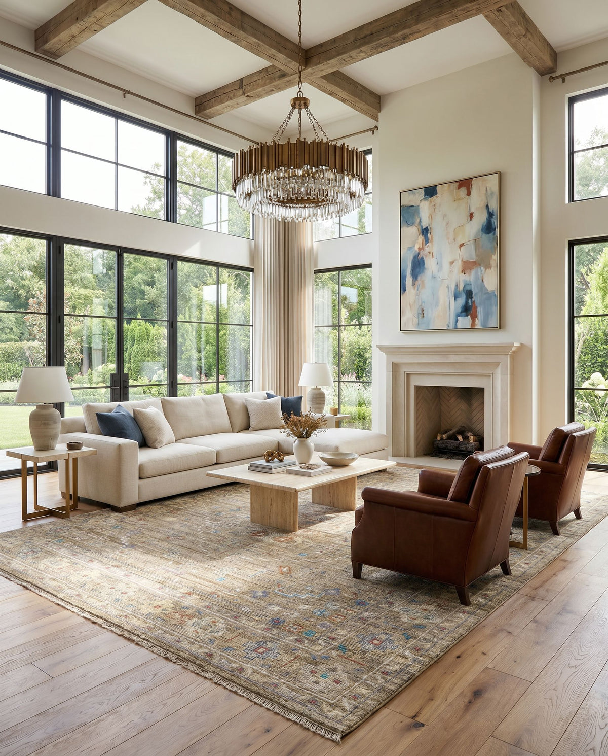 Kushal KUS-2307 Hand Knotted Rug styled in an elegant designer living room — hand knotted traditional area rug in light brown, brown, medium gray and tan tones