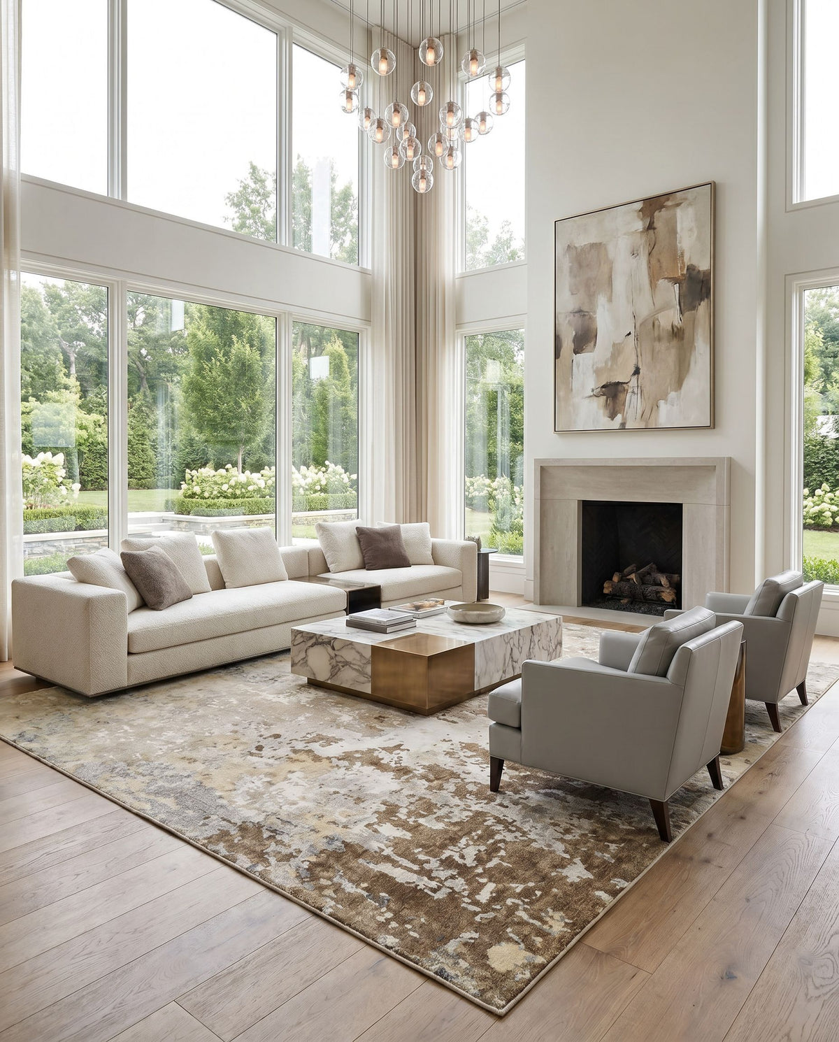 Arte RTE-2306 Hand Knotted Rug styled in an elegant designer living room — hand knotted modern area rug in tan, ivory, light gray and medium gray tones