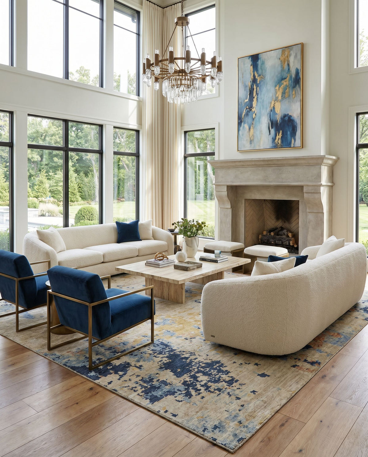 Odyssey ODY-2305 Hand Knotted Rug styled in an elegant designer living room — hand knotted modern area rug in denim, charcoal, light gray and light beige tones