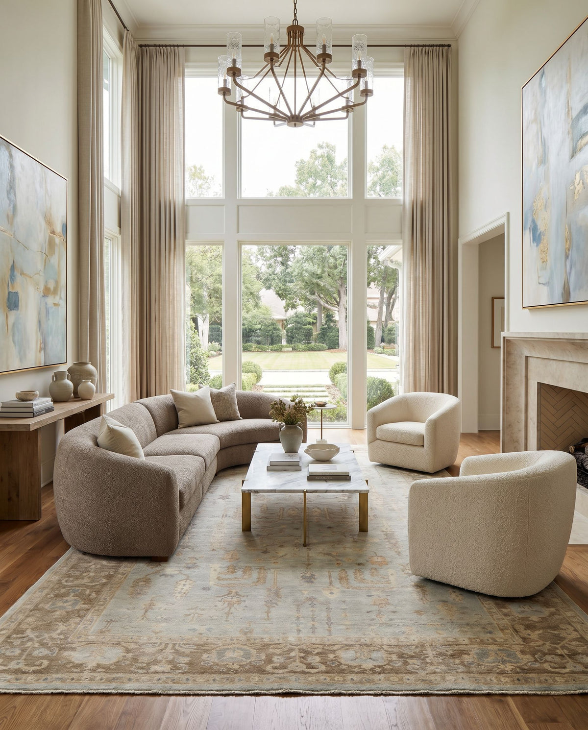 Normandy NOY-8003 Hand Knotted Rug styled in an elegant designer living room — hand knotted traditional area rug in cream, light sage, tan and medium brown tones