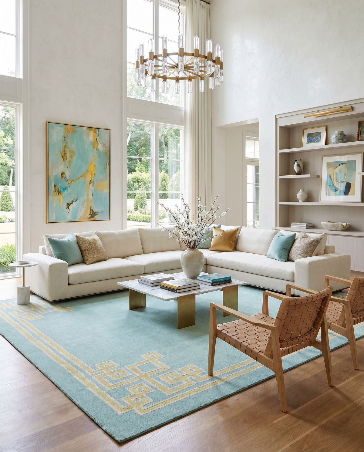 Alameda AMD-1010 Hand Woven Rug styled in an elegant designer living room — hand woven modern area rug in aqua, light olive and light gray tones