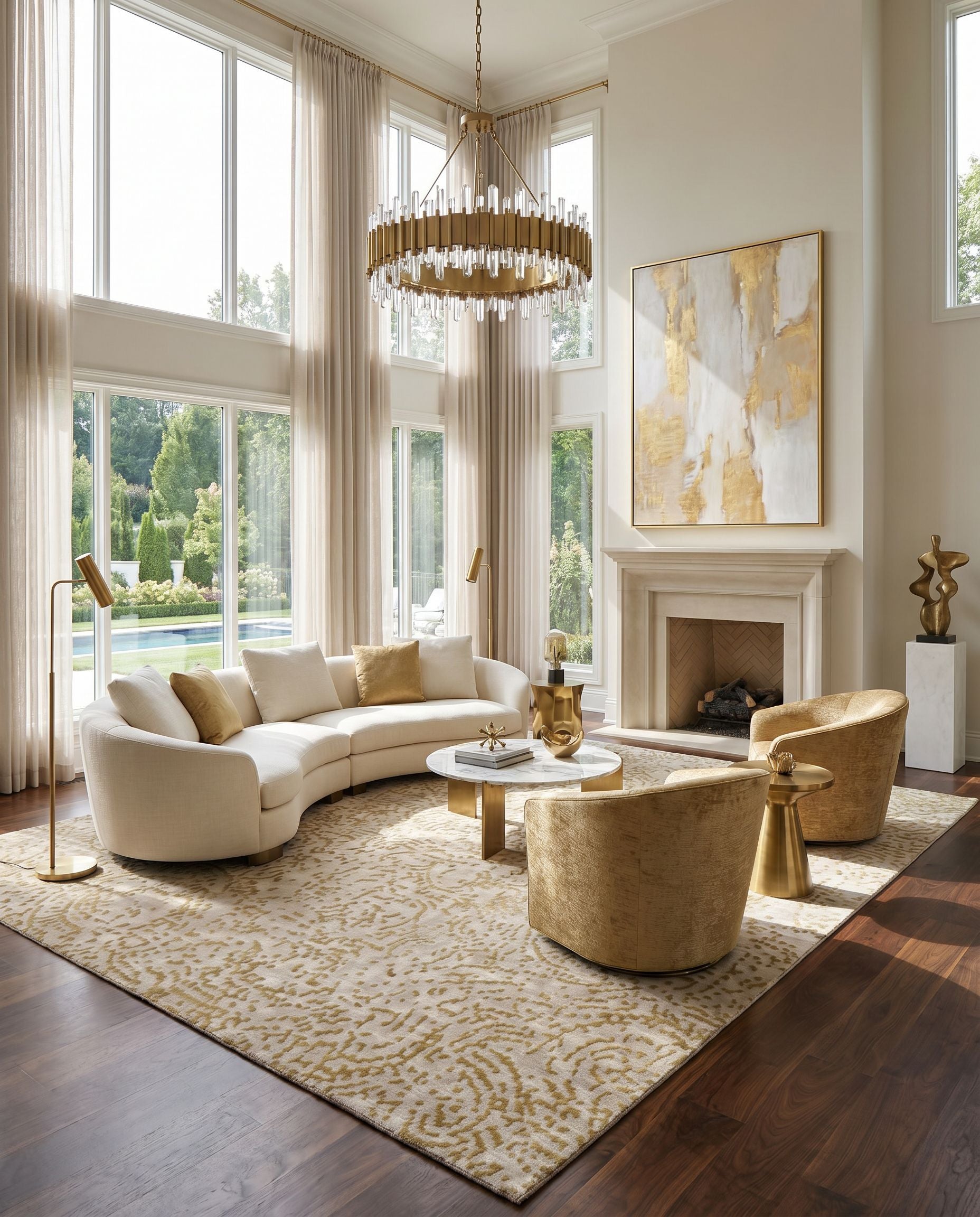 Shibui SH-7414 Hand Knotted Rug styled in an elegant designer living room — hand knotted modern area rug in medium gray, mustard and taupe tones