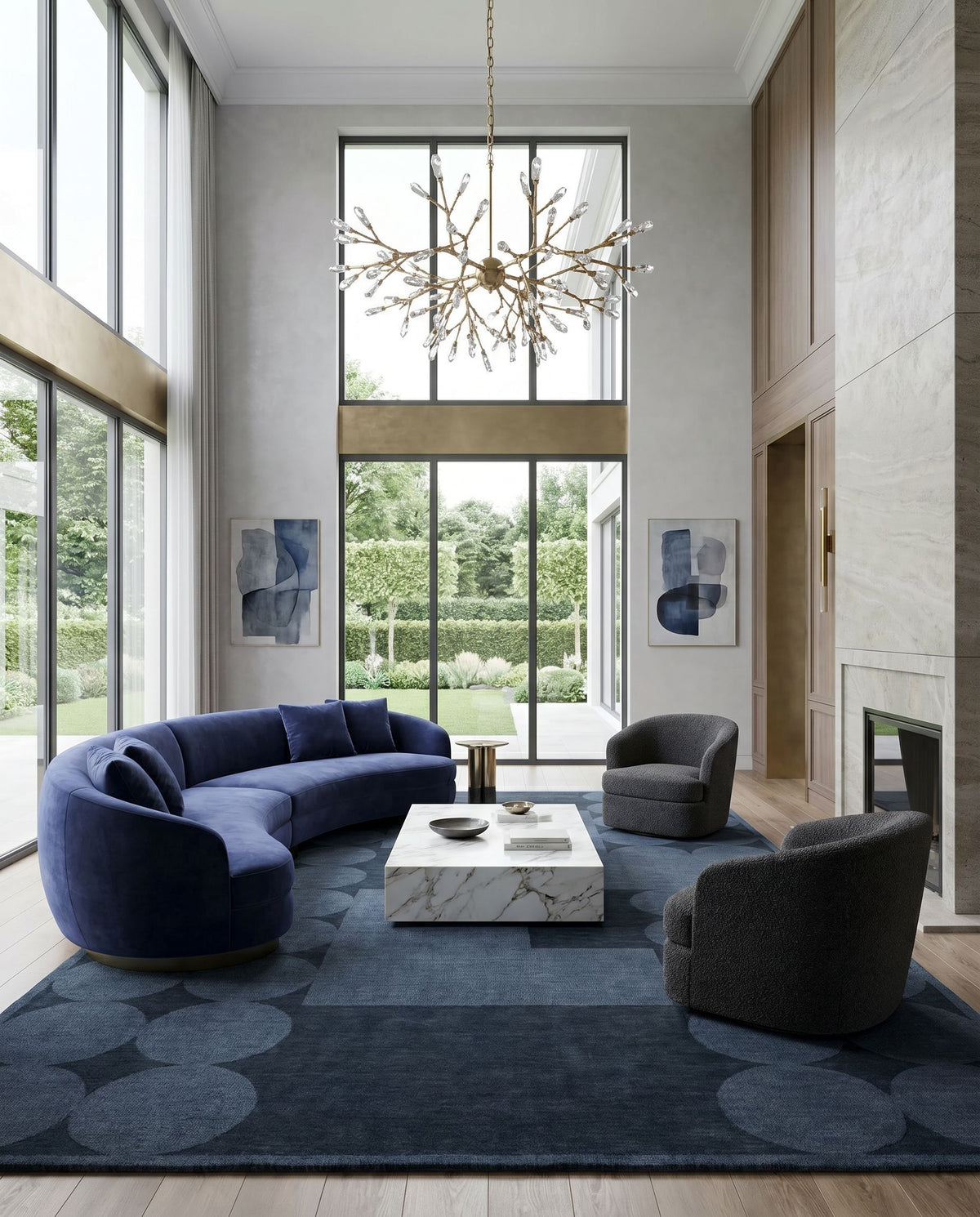 Mystique M-5479 Hand Loomed Rug styled in an elegant designer living room — hand loomed modern area rug in navy tones