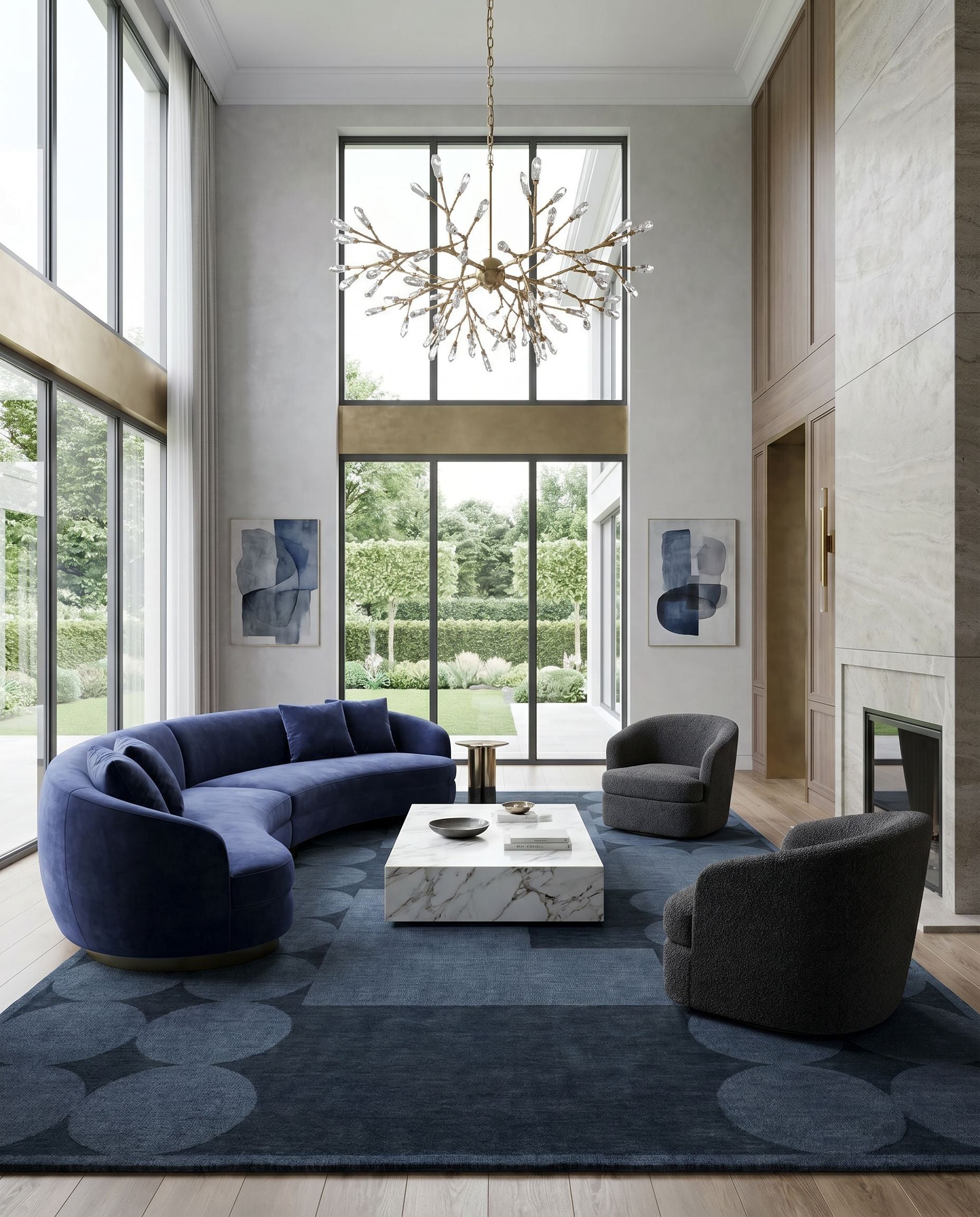Mystique M-5479 Hand Loomed Rug styled in an elegant designer living room — hand loomed modern area rug in navy tones