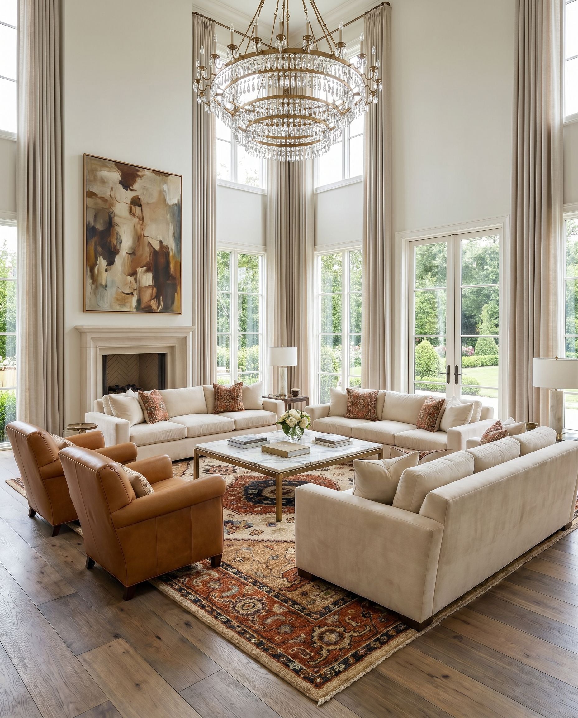 Biscayne BSY-2302 Hand Knotted Rug styled in an elegant designer living room — hand knotted traditional area rug in aqua, ink blue, tan and rust tones